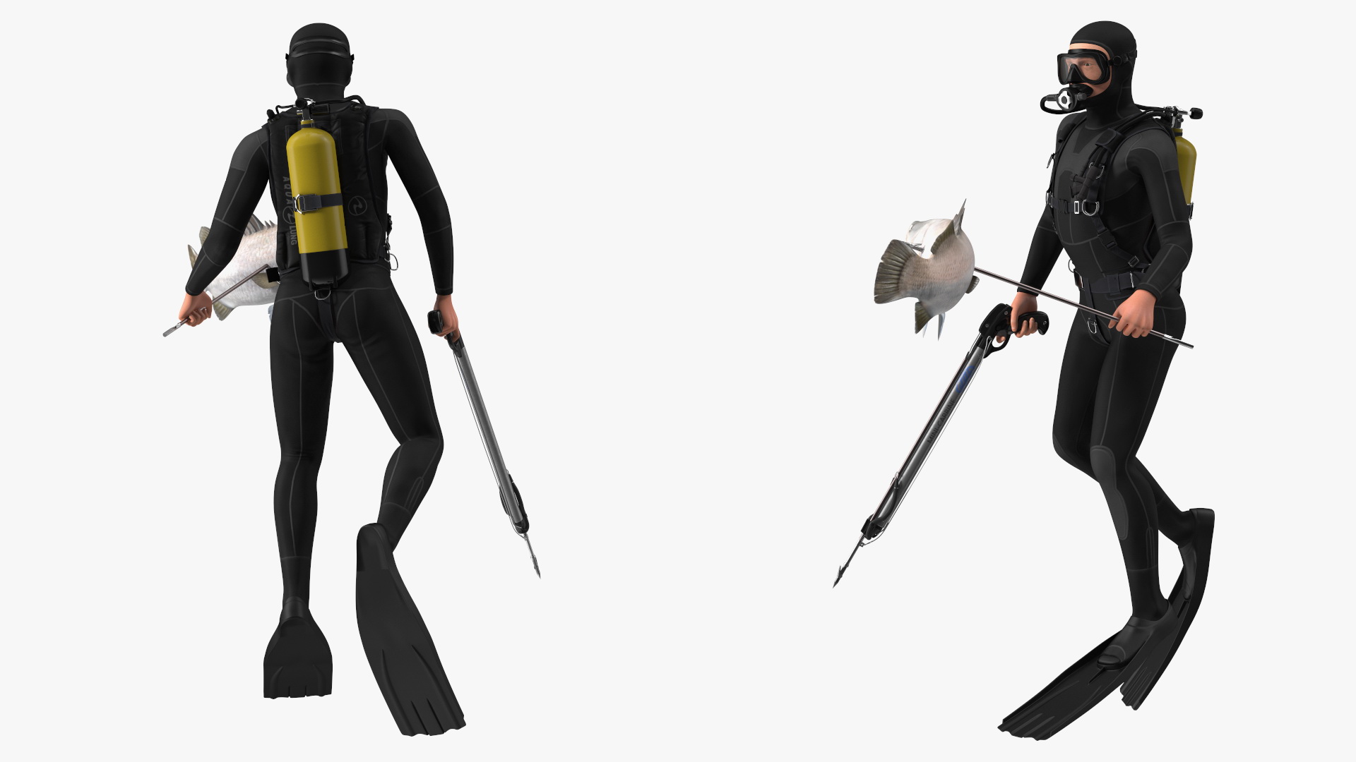 Diver with Underwater Speargun and Fish 3D model