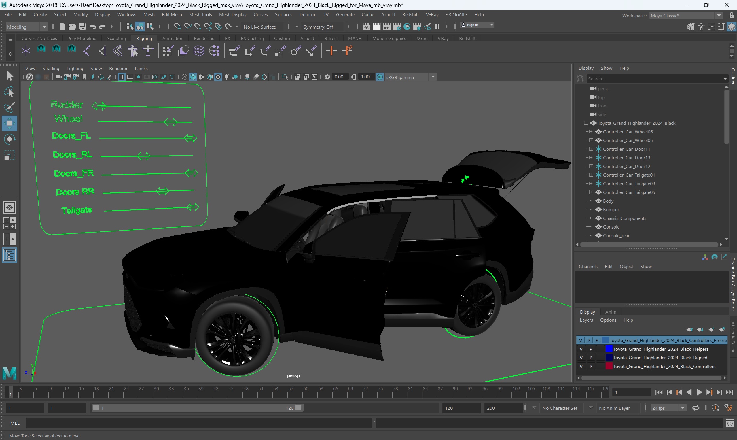 3D model Toyota Grand Highlander 2024 Black Rigged for Maya