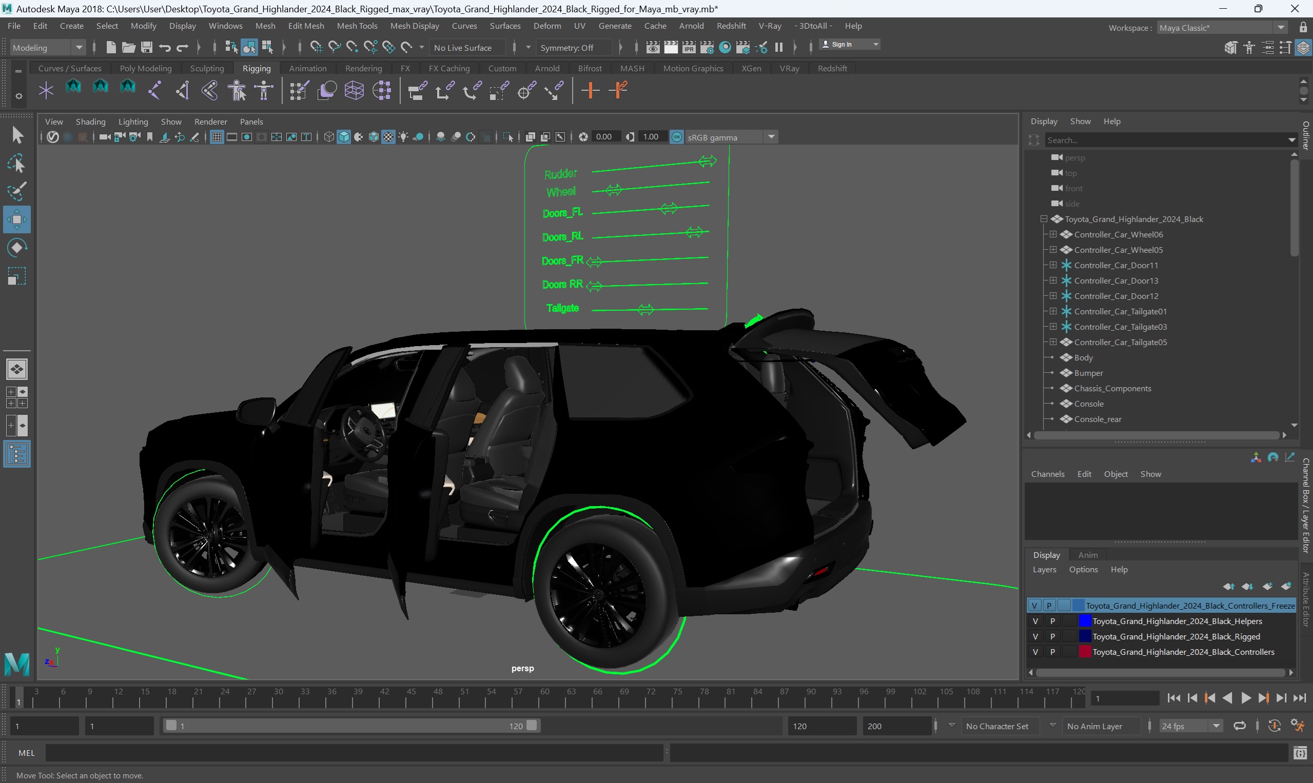 3D model Toyota Grand Highlander 2024 Black Rigged for Maya