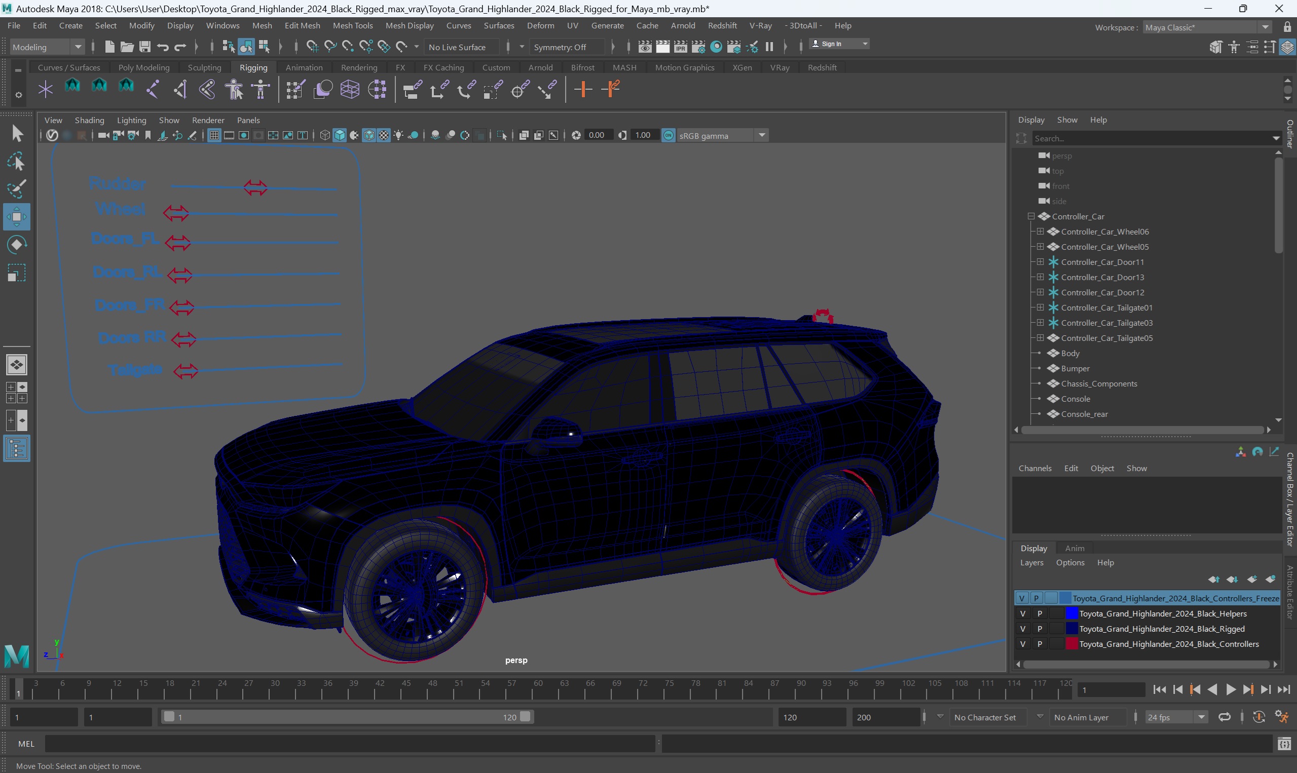 3D model Toyota Grand Highlander 2024 Black Rigged for Maya