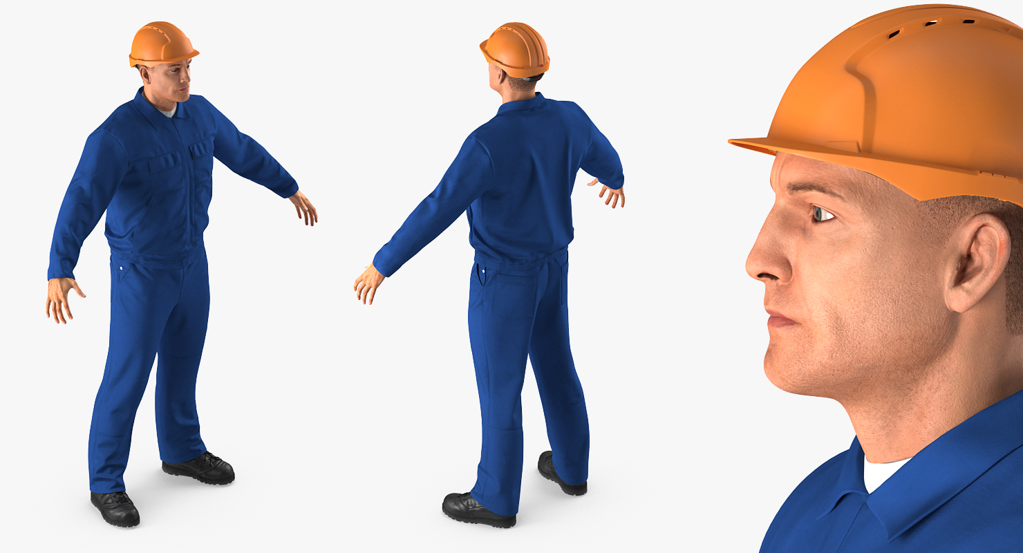 3D Construction Worker Wearing Blue Overalls Rigged model