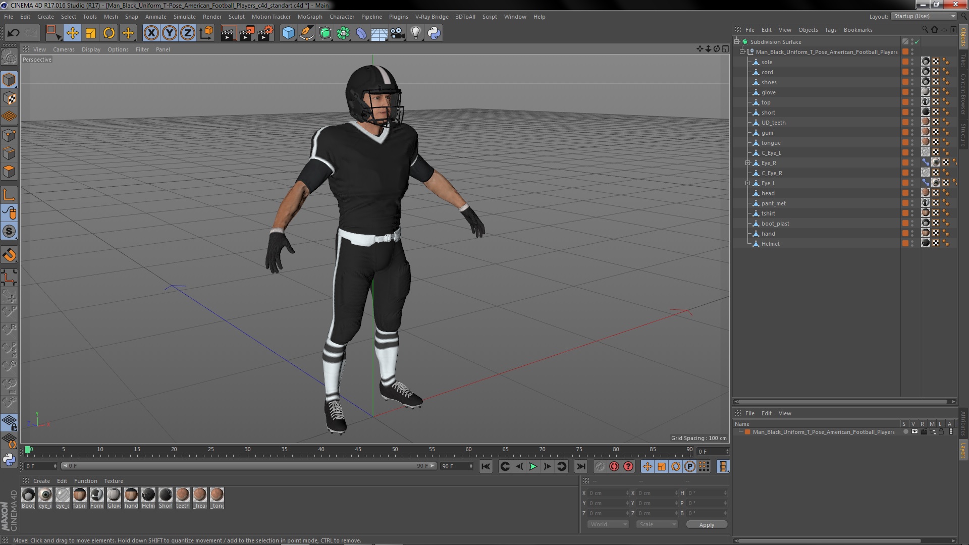 3D model Man Black Uniform T-Pose American Football Players