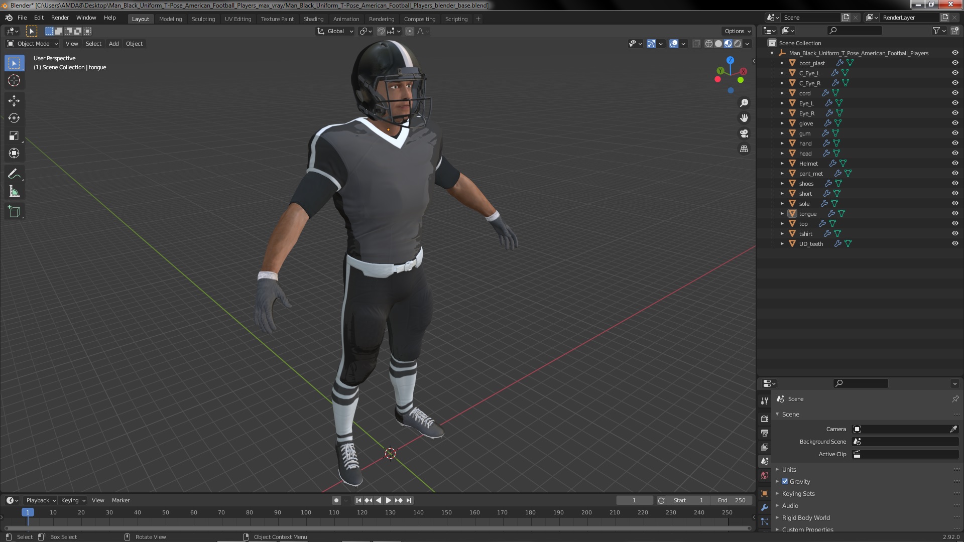 3D model Man Black Uniform T-Pose American Football Players