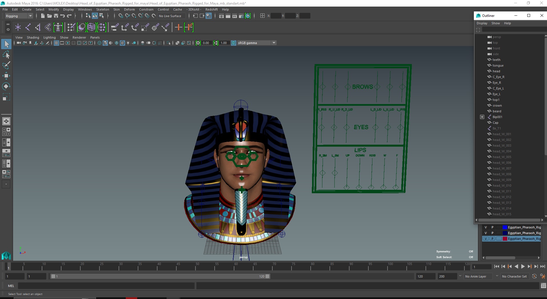 3D model Head of Egyptian Pharaoh Rigged for Maya