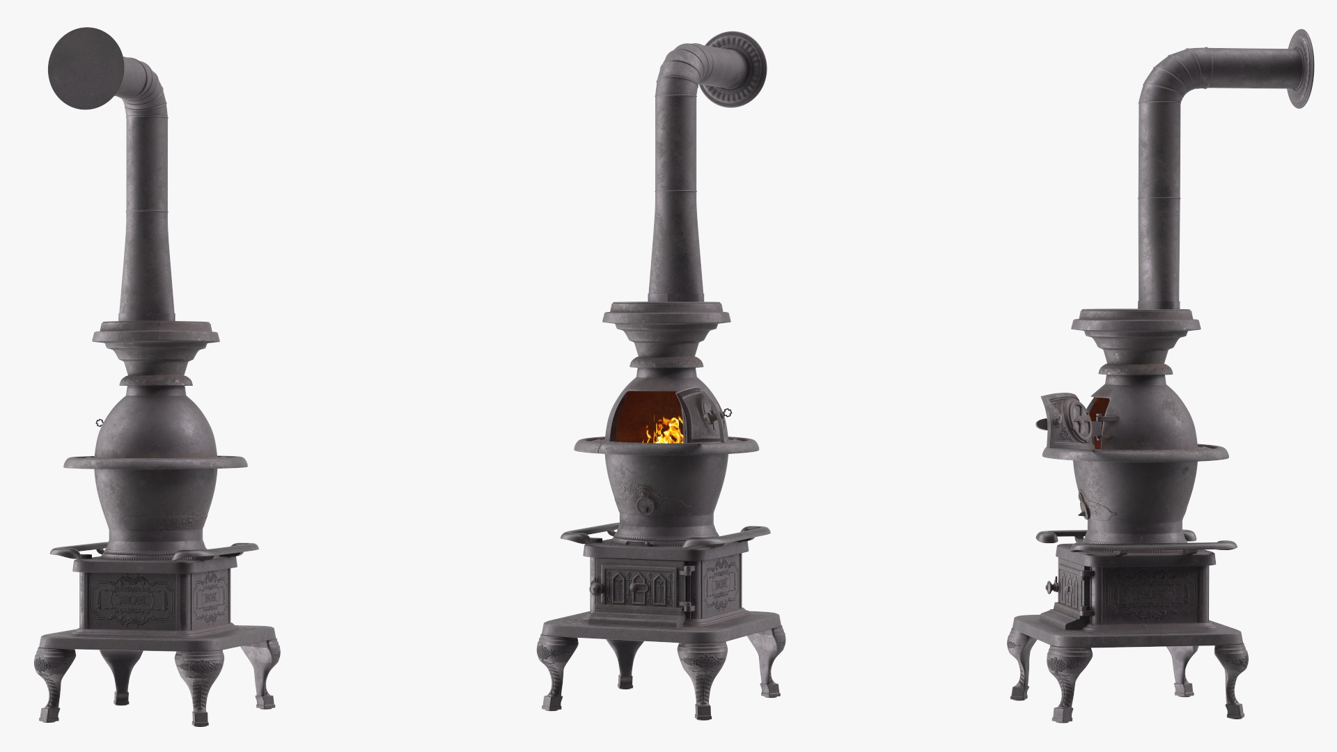 Retro Potbelly Stove Old with Fire 3D model