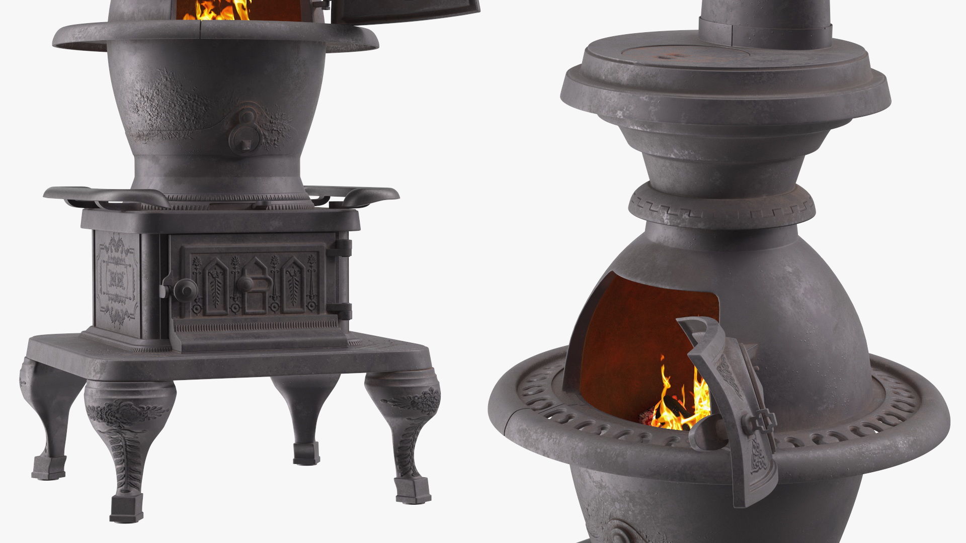 Retro Potbelly Stove Old with Fire 3D model