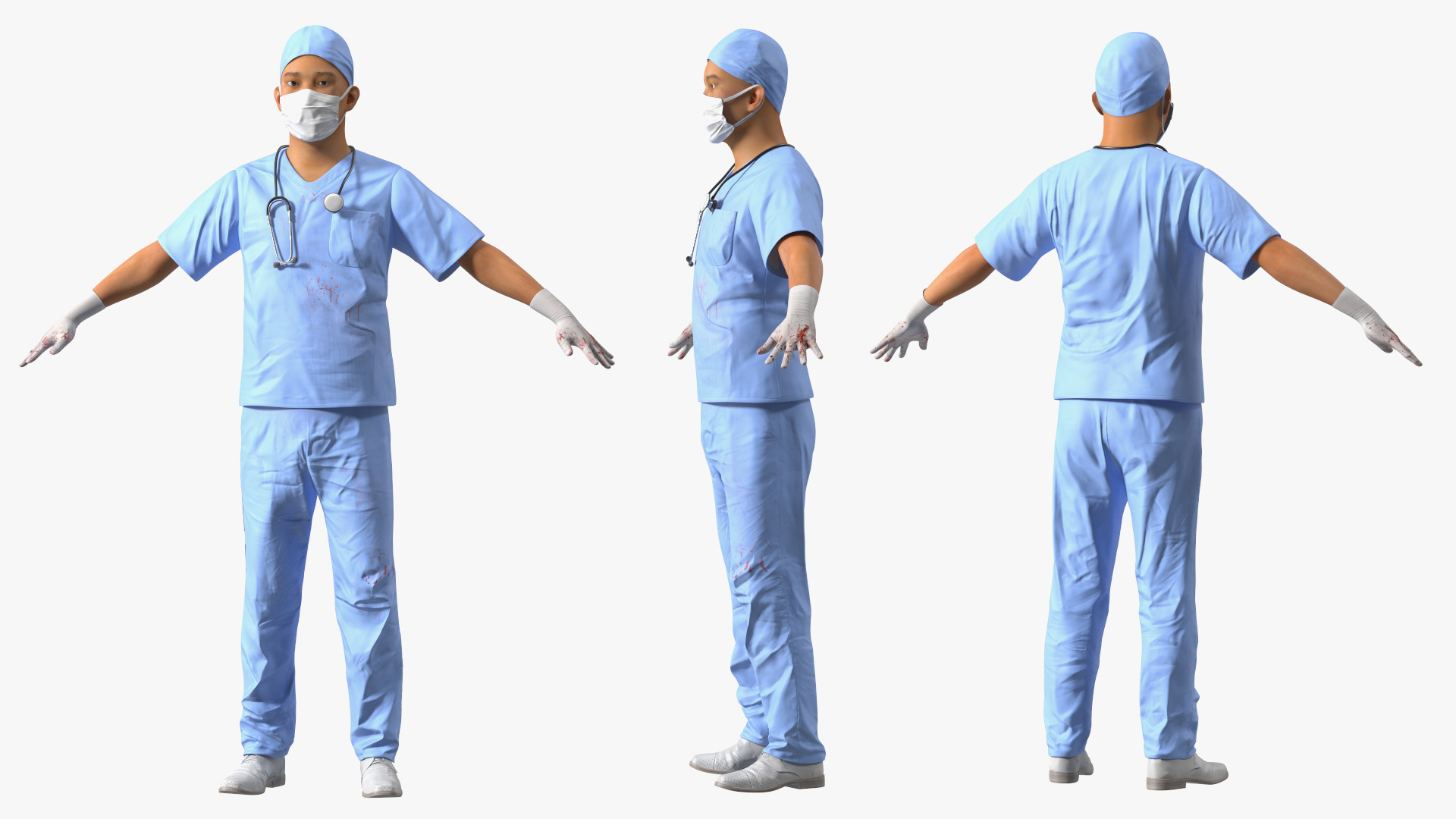 3D model Asian Doctor wearing Gloves and Mask Stained Blood