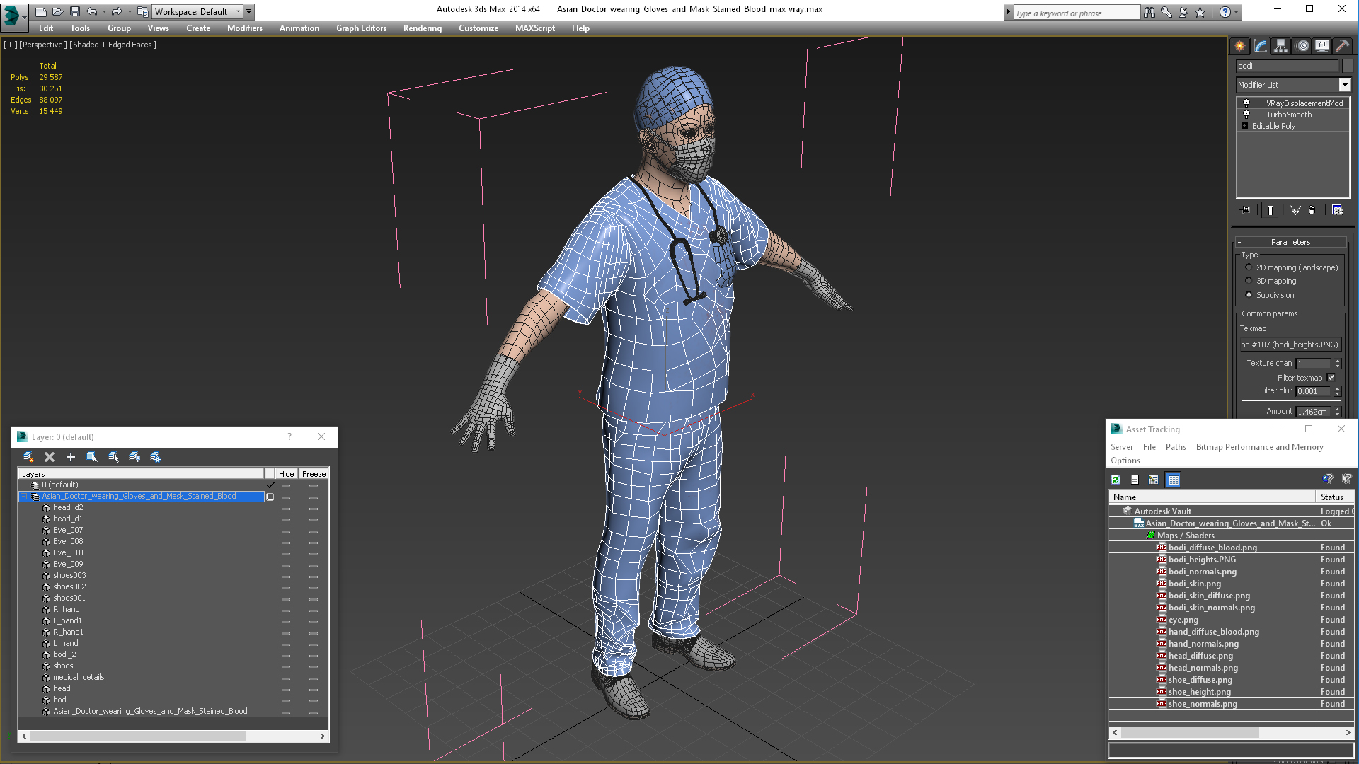 3D model Asian Doctor wearing Gloves and Mask Stained Blood