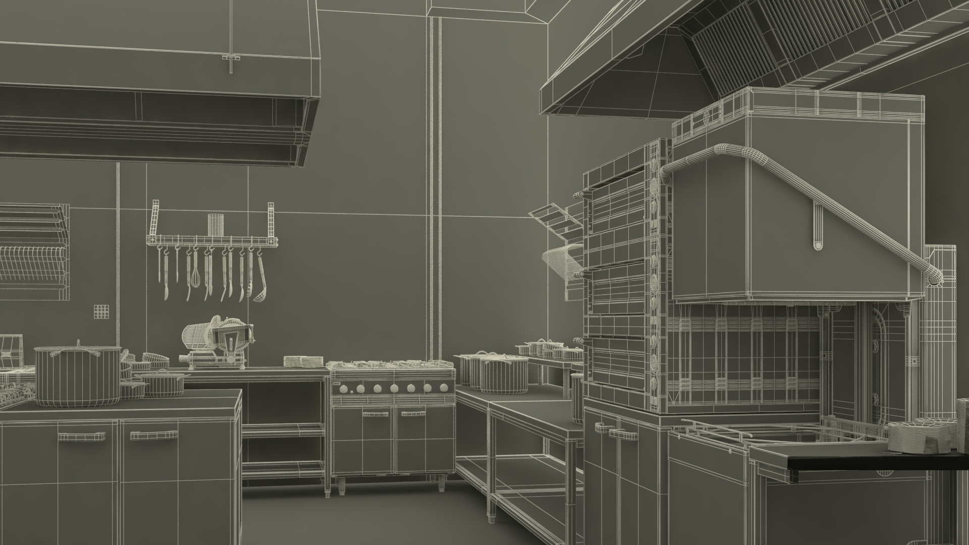 Equipped Commercial Kitchen No Lights 3D