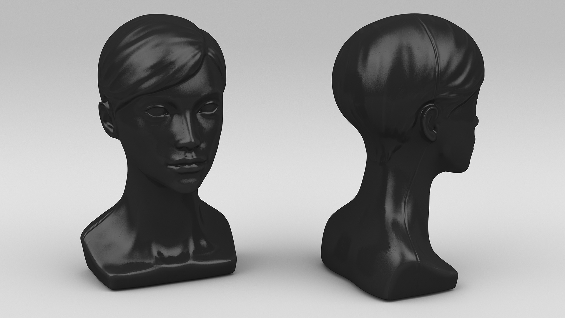 3D Woman Mannequin Head with Hair Black