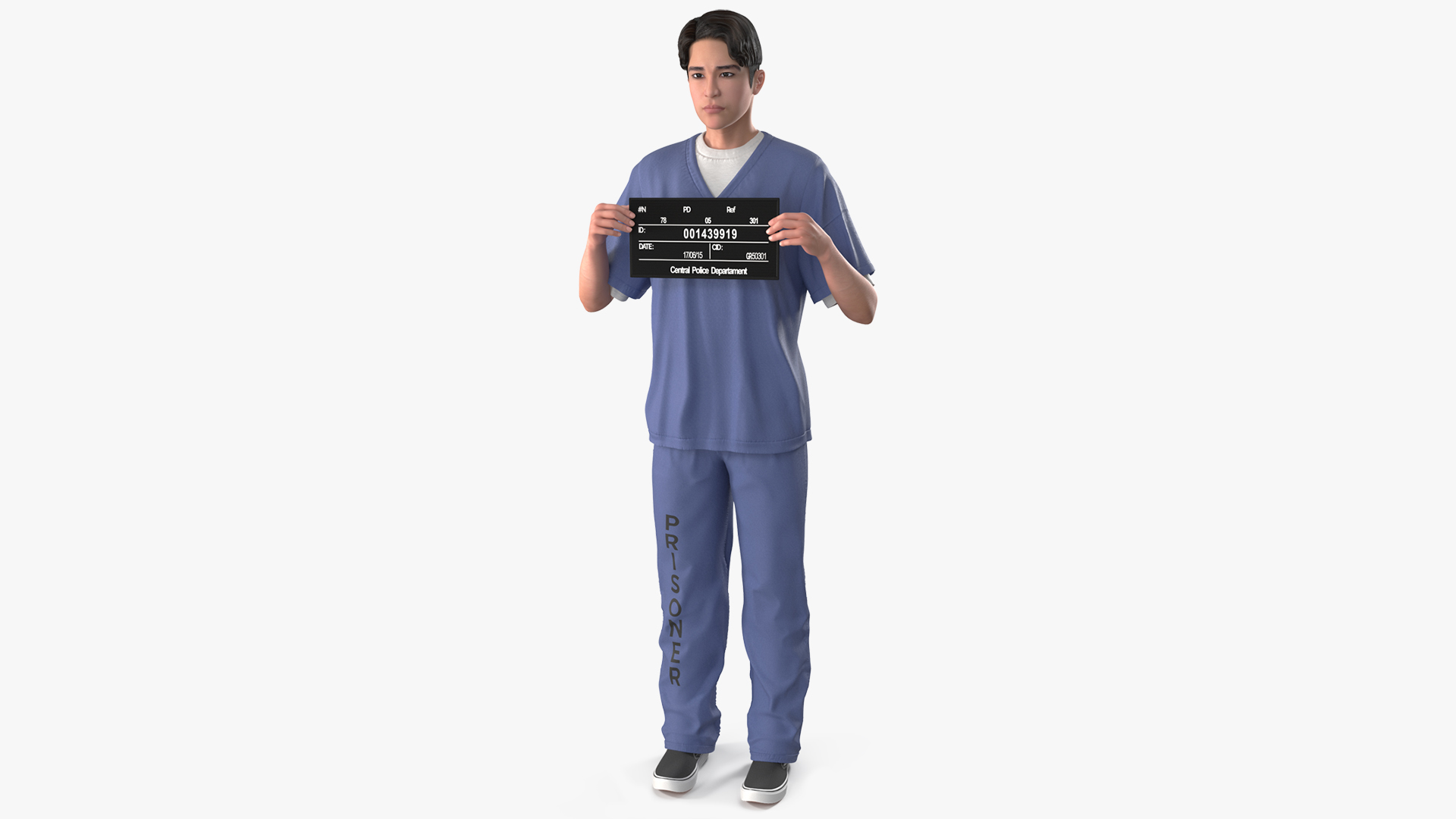 3D model Asian Prisoner Blue Uniform with Mugshot Sign