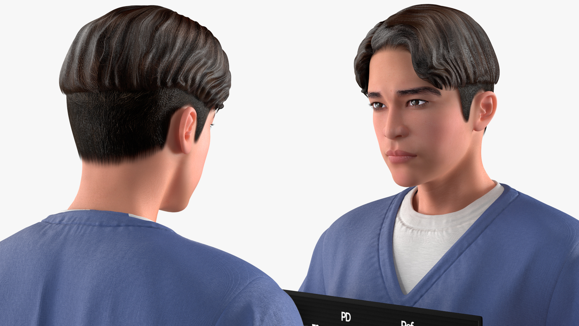 3D model Asian Prisoner Blue Uniform with Mugshot Sign