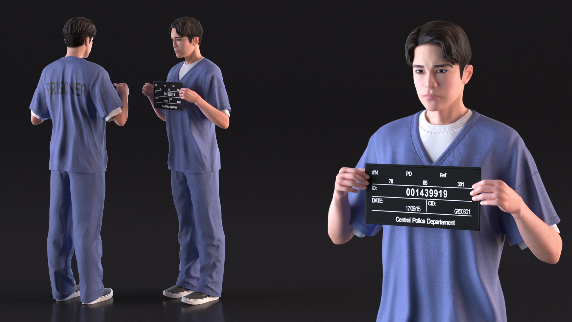 3D model Asian Prisoner Blue Uniform with Mugshot Sign