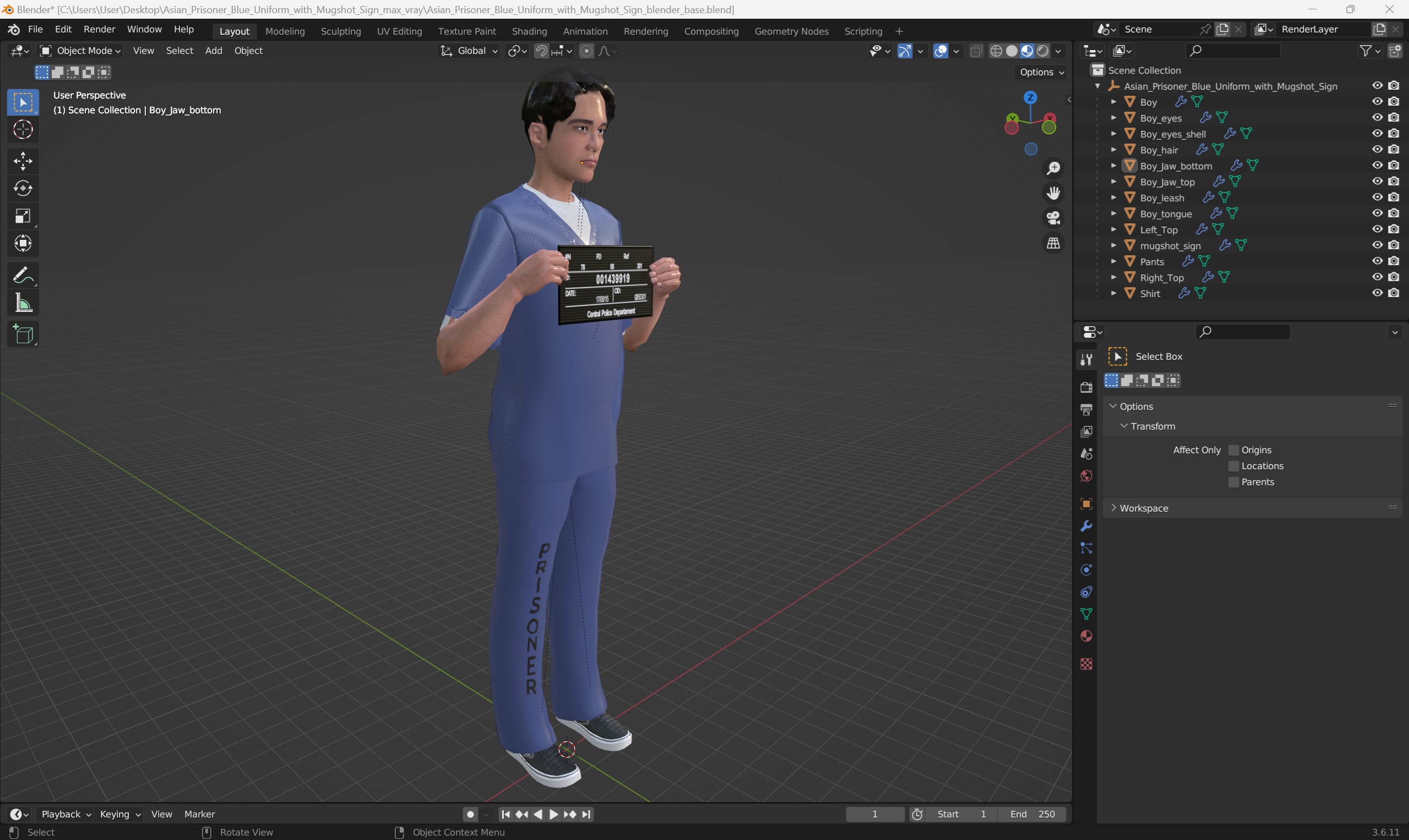 3D model Asian Prisoner Blue Uniform with Mugshot Sign