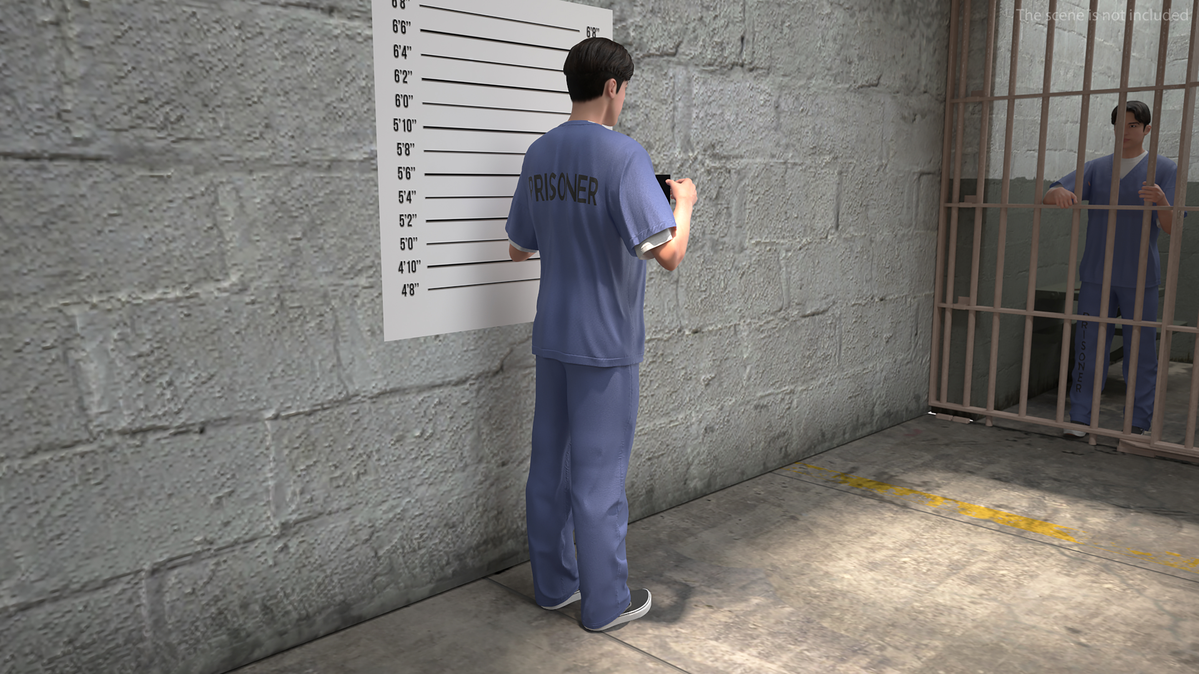 3D model Asian Prisoner Blue Uniform with Mugshot Sign