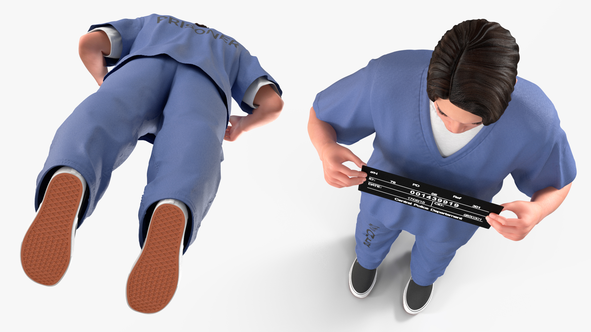 3D model Asian Prisoner Blue Uniform with Mugshot Sign