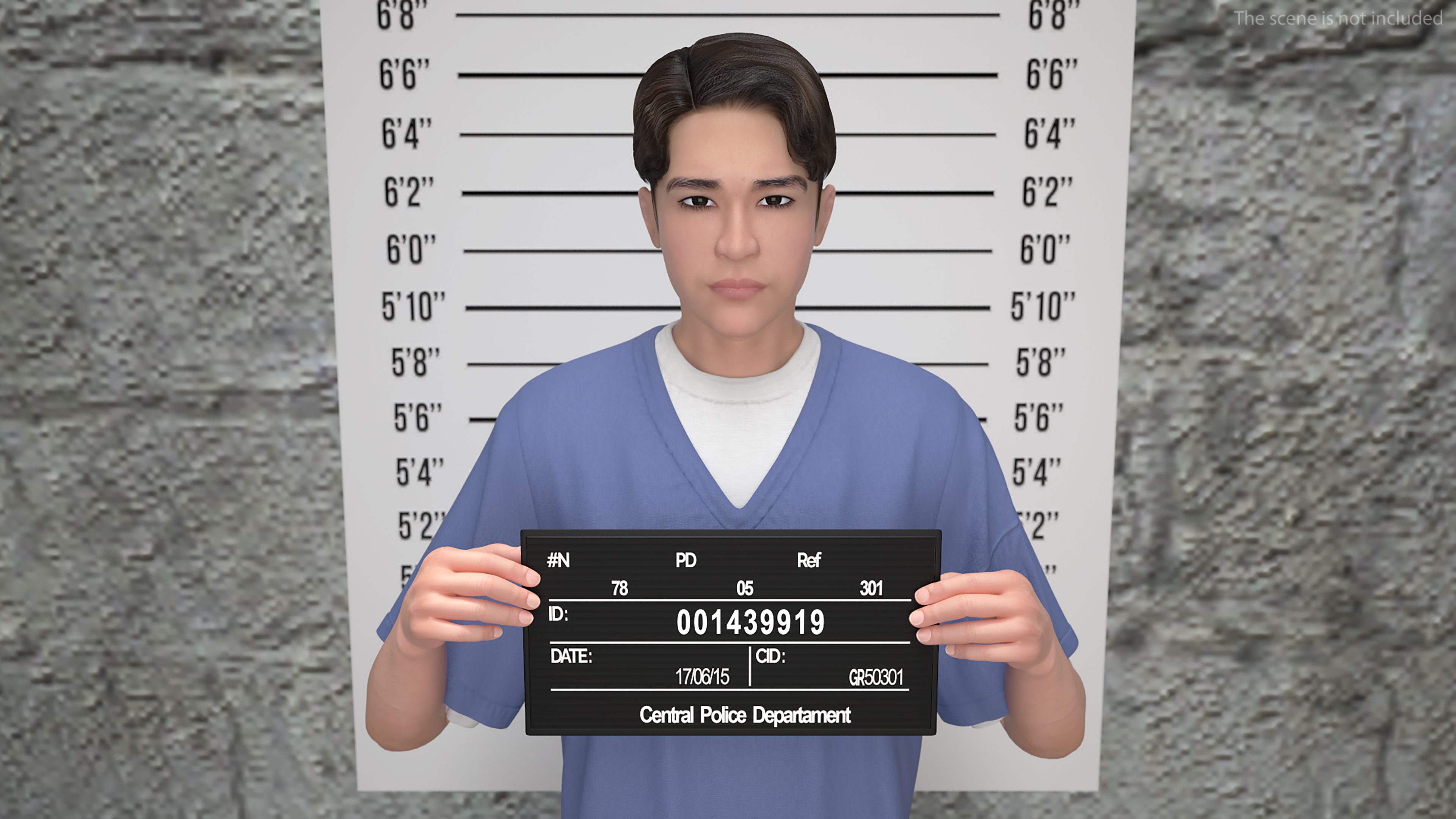 3D model Asian Prisoner Blue Uniform with Mugshot Sign