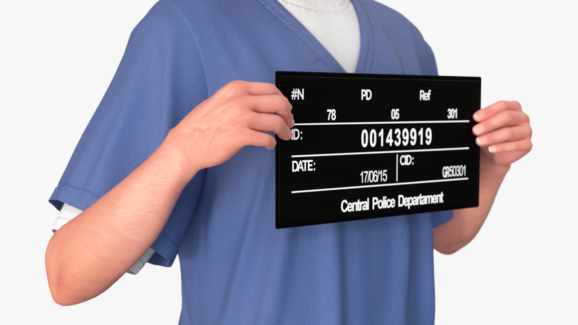 3D model Asian Prisoner Blue Uniform with Mugshot Sign