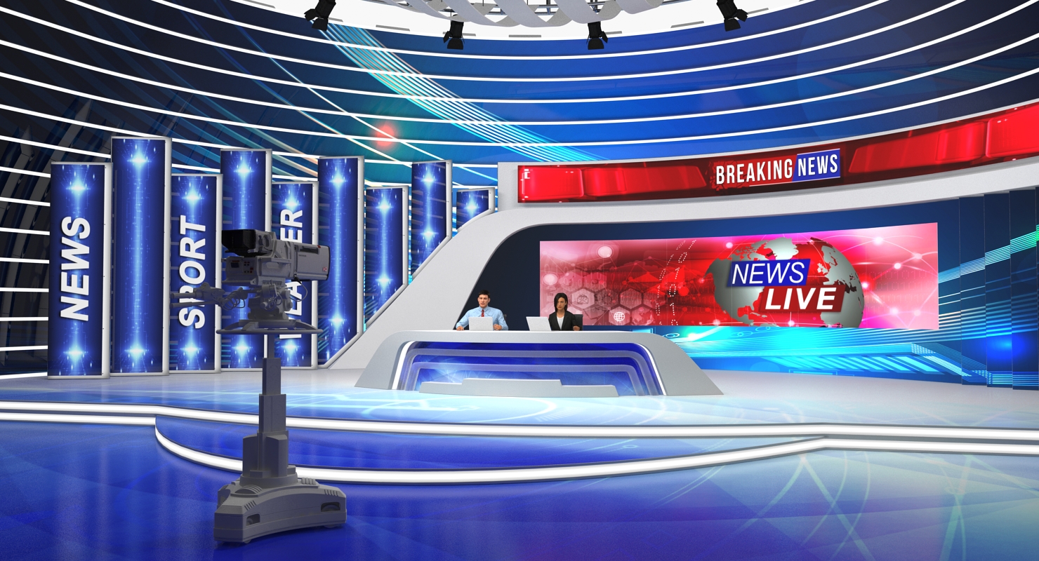 3D TV News Studio with Camera and Presenters Rigged model