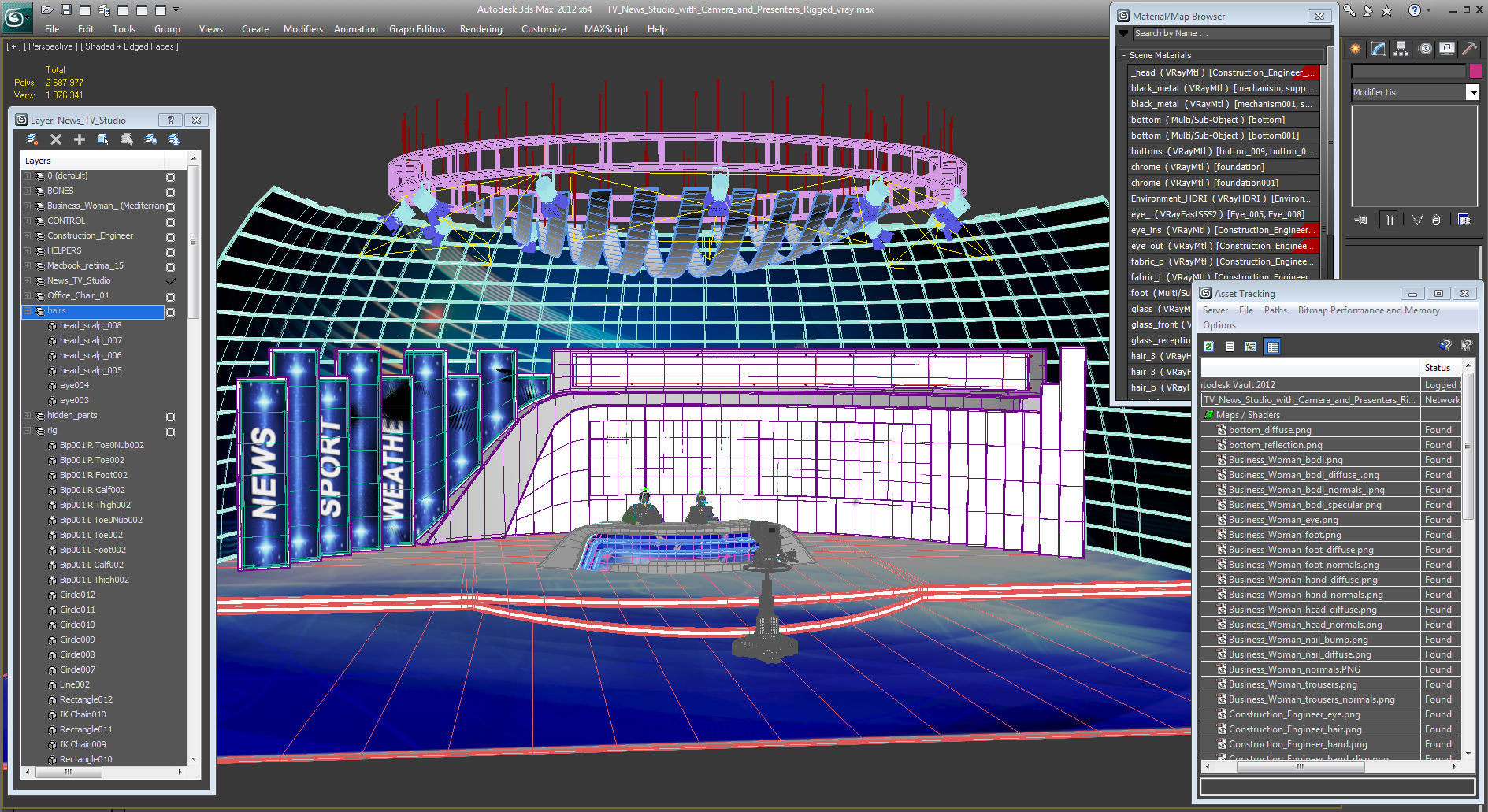 3D TV News Studio with Camera and Presenters Rigged model