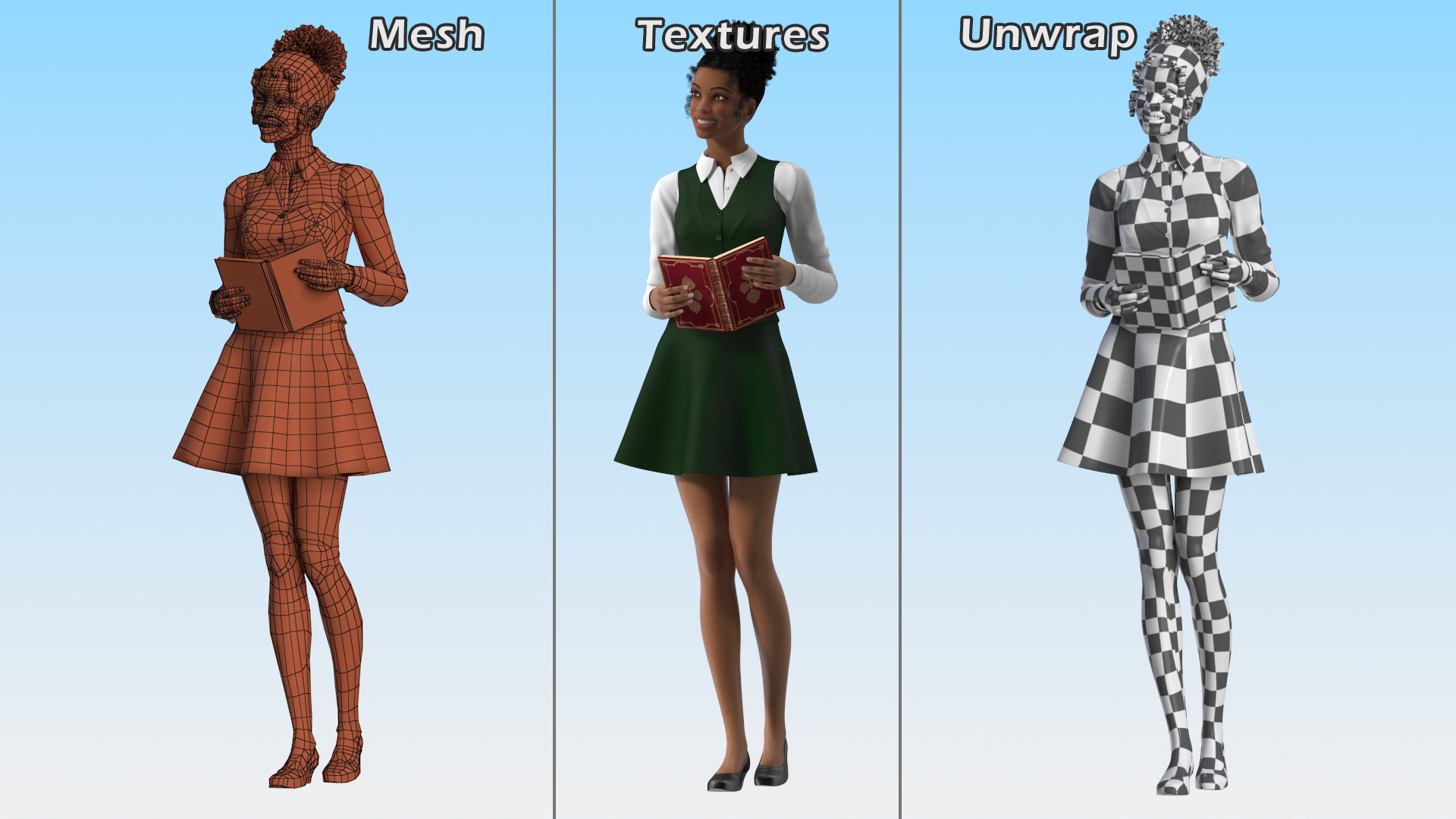 3D Light Skin Young Black Female Student Standing Pose