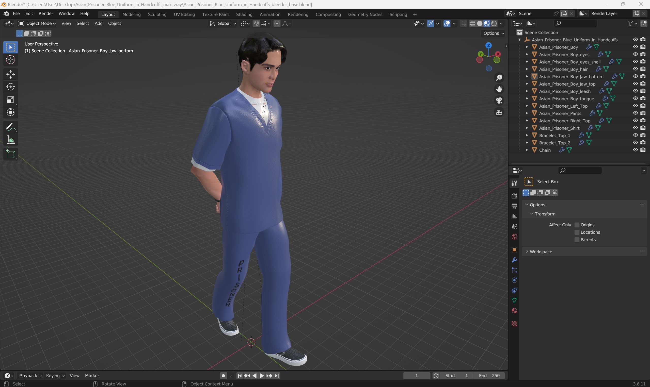 3D model Asian Prisoner Blue Uniform in Handcuffs