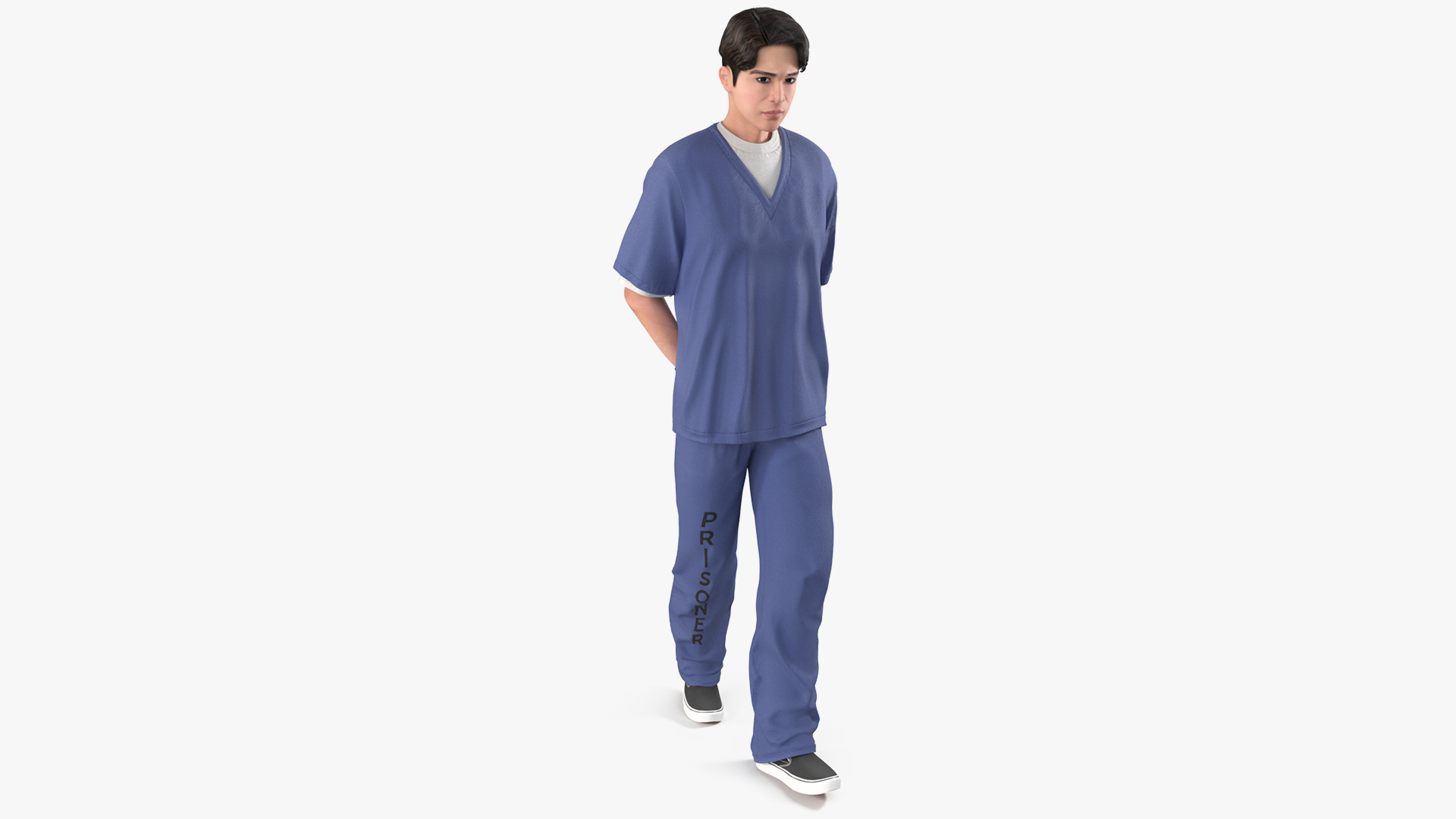 3D model Asian Prisoner Blue Uniform in Handcuffs