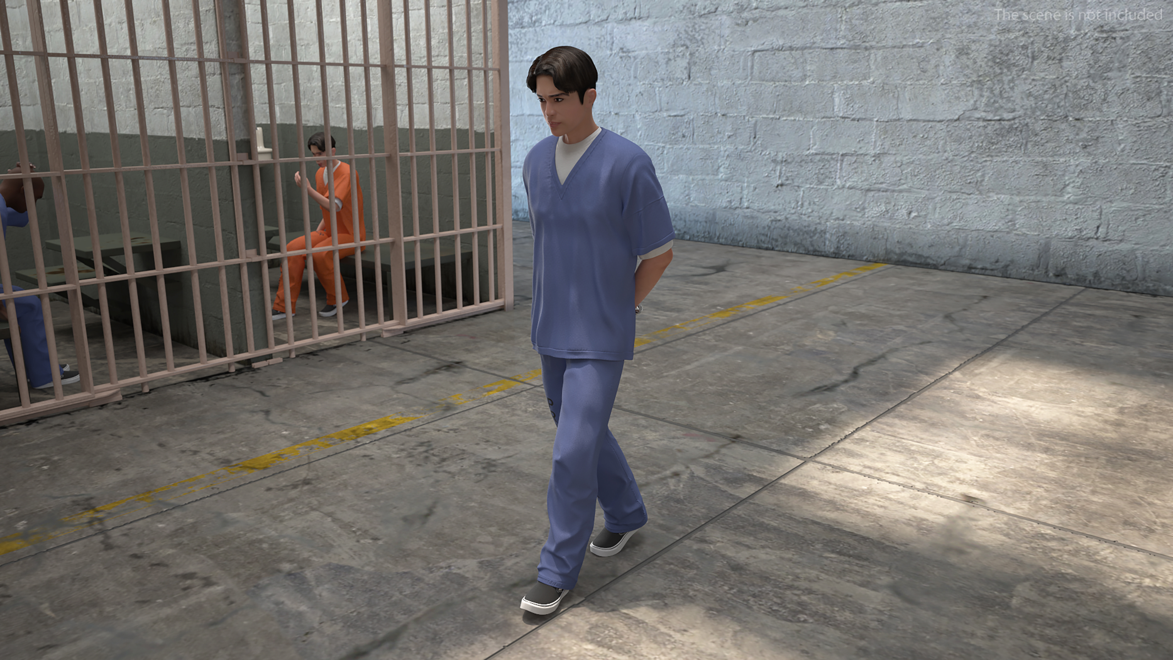 3D model Asian Prisoner Blue Uniform in Handcuffs