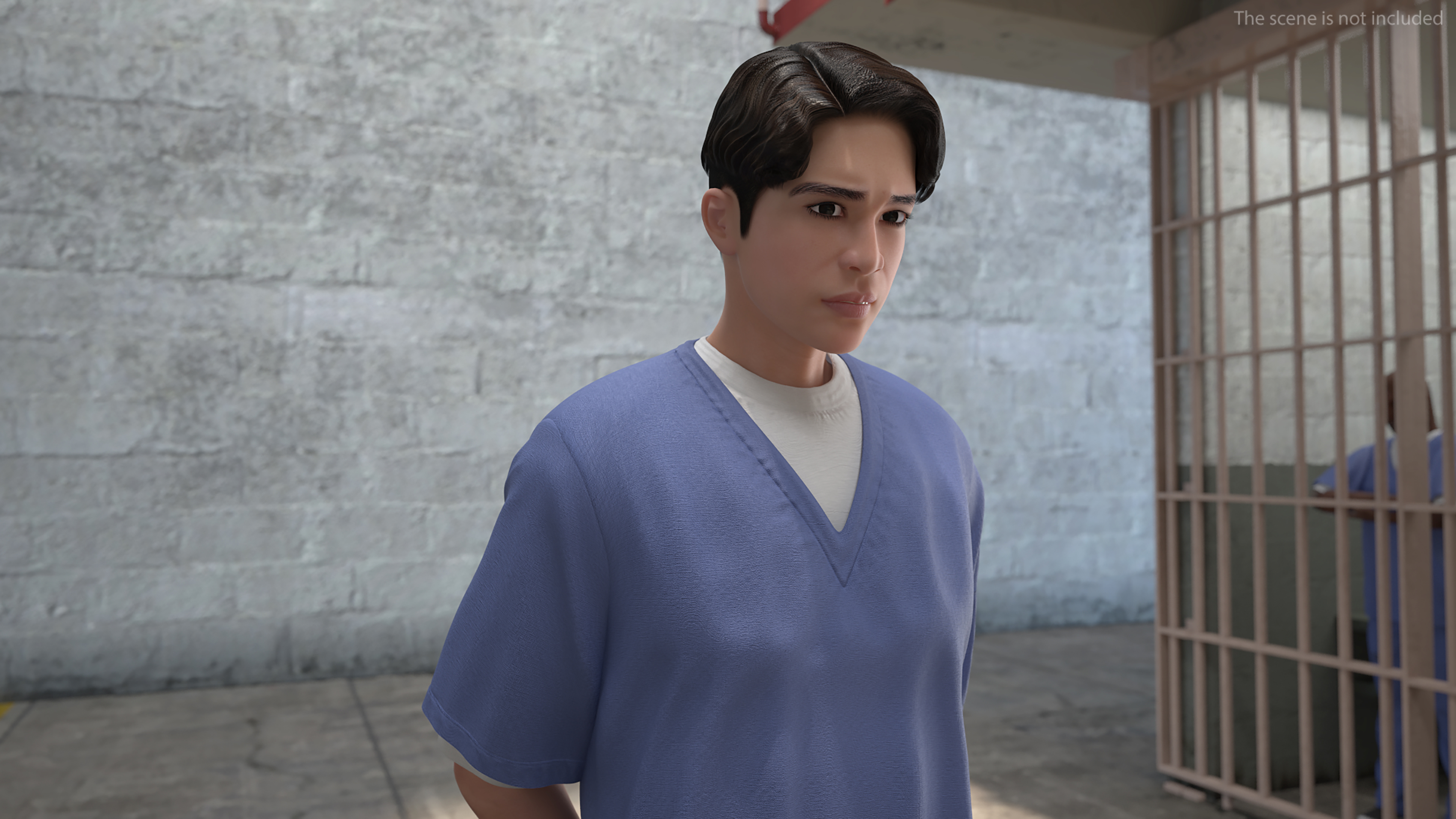 3D model Asian Prisoner Blue Uniform in Handcuffs