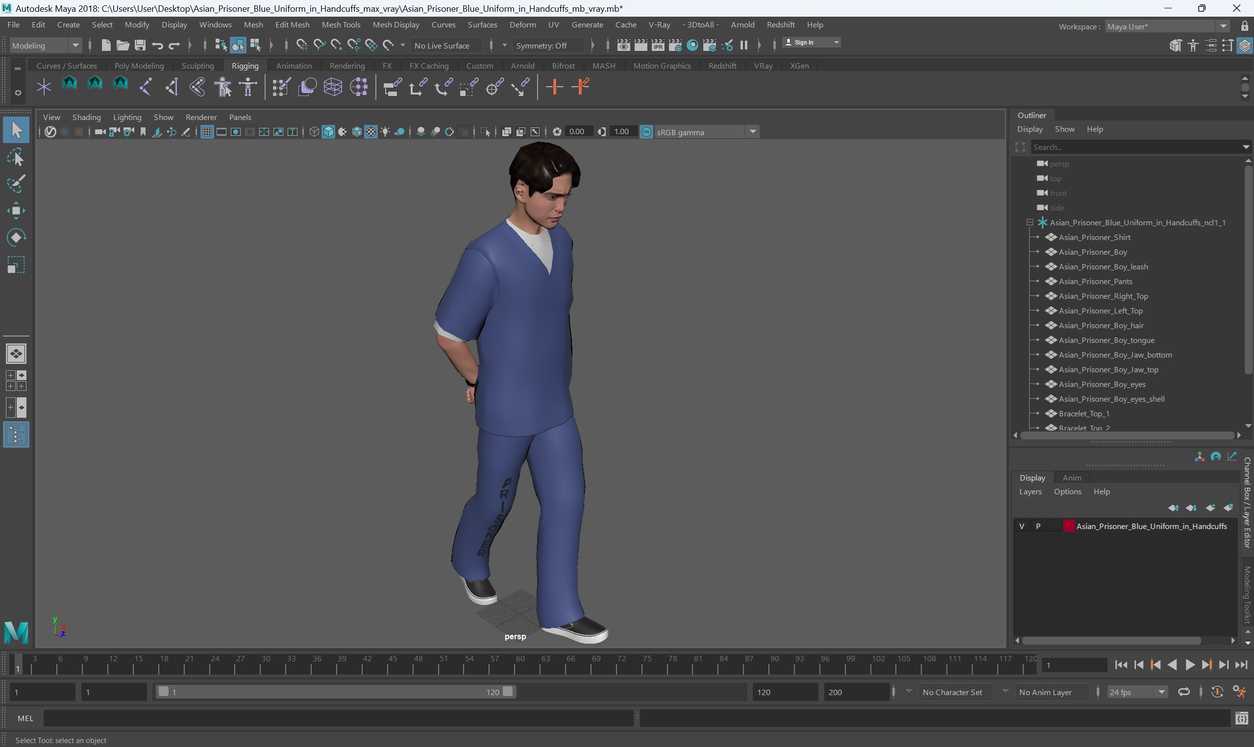 3D model Asian Prisoner Blue Uniform in Handcuffs