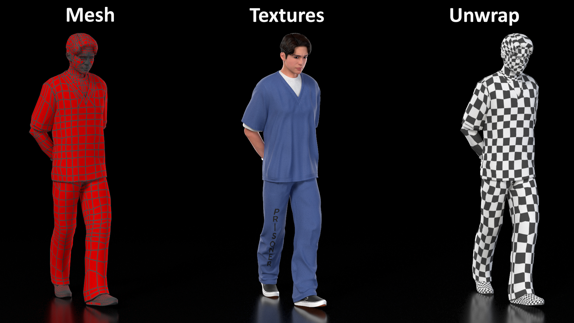 3D model Asian Prisoner Blue Uniform in Handcuffs