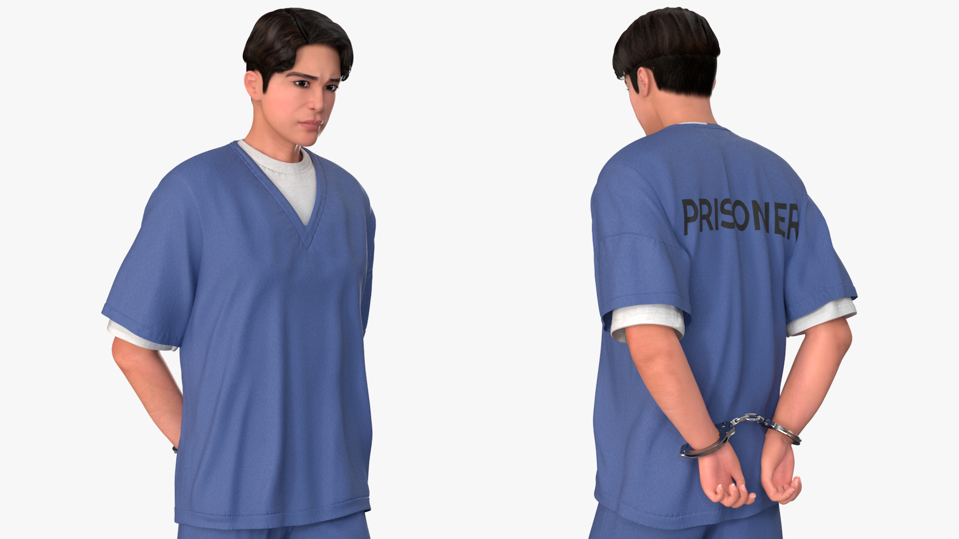 3D model Asian Prisoner Blue Uniform in Handcuffs