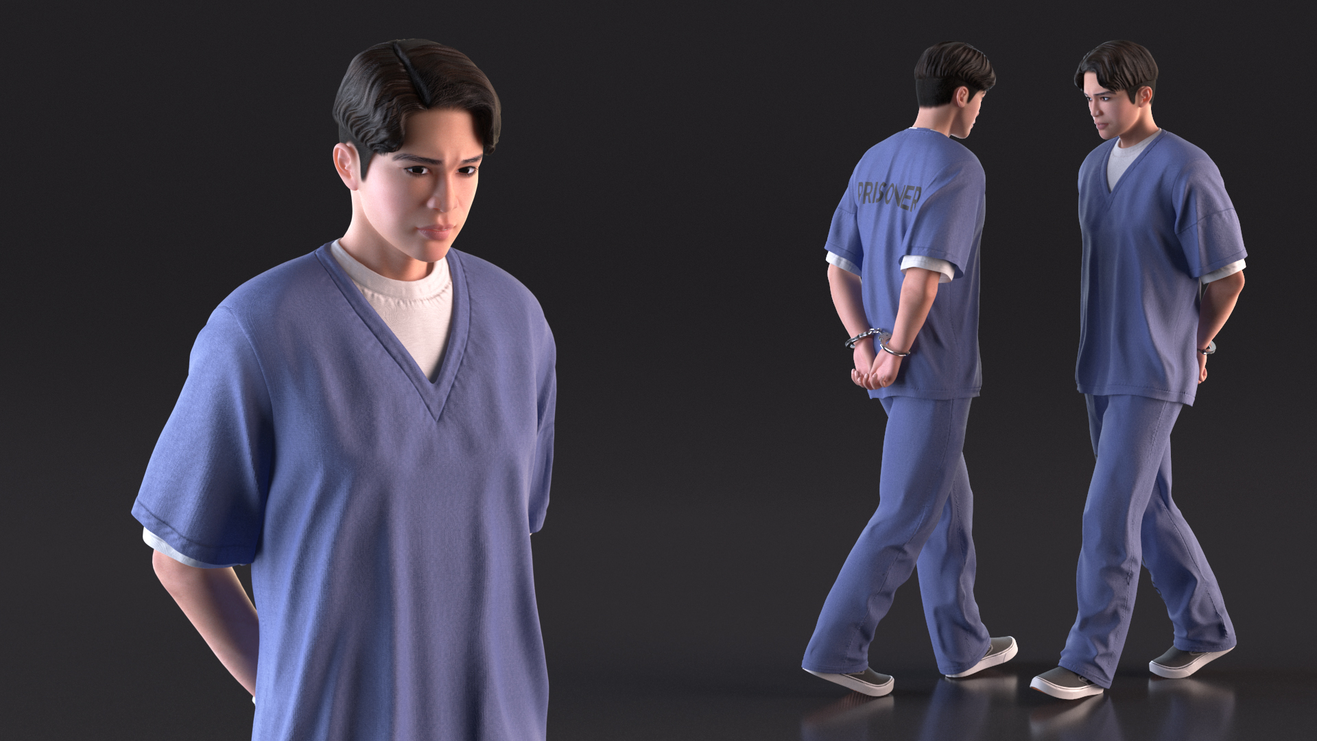 3D model Asian Prisoner Blue Uniform in Handcuffs