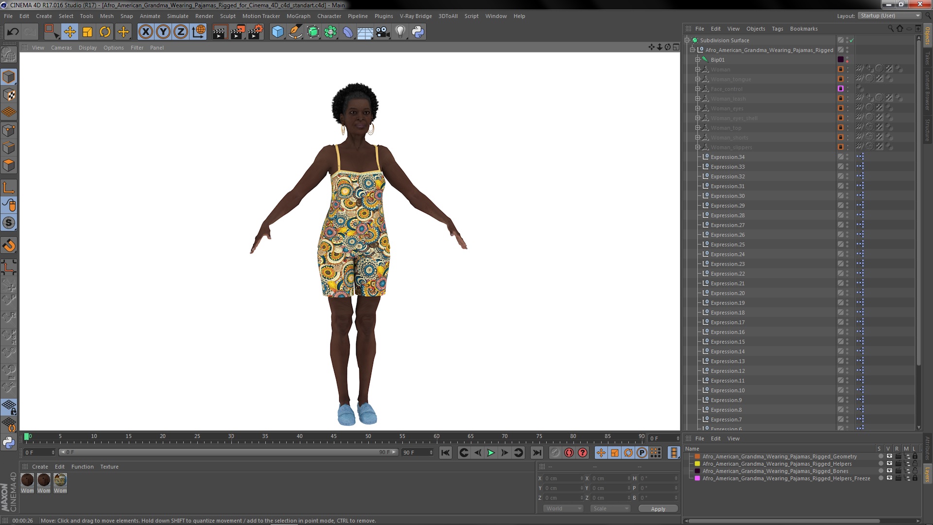 3D Afro American Grandma Wearing Pajamas Rigged for Cinema 4D model