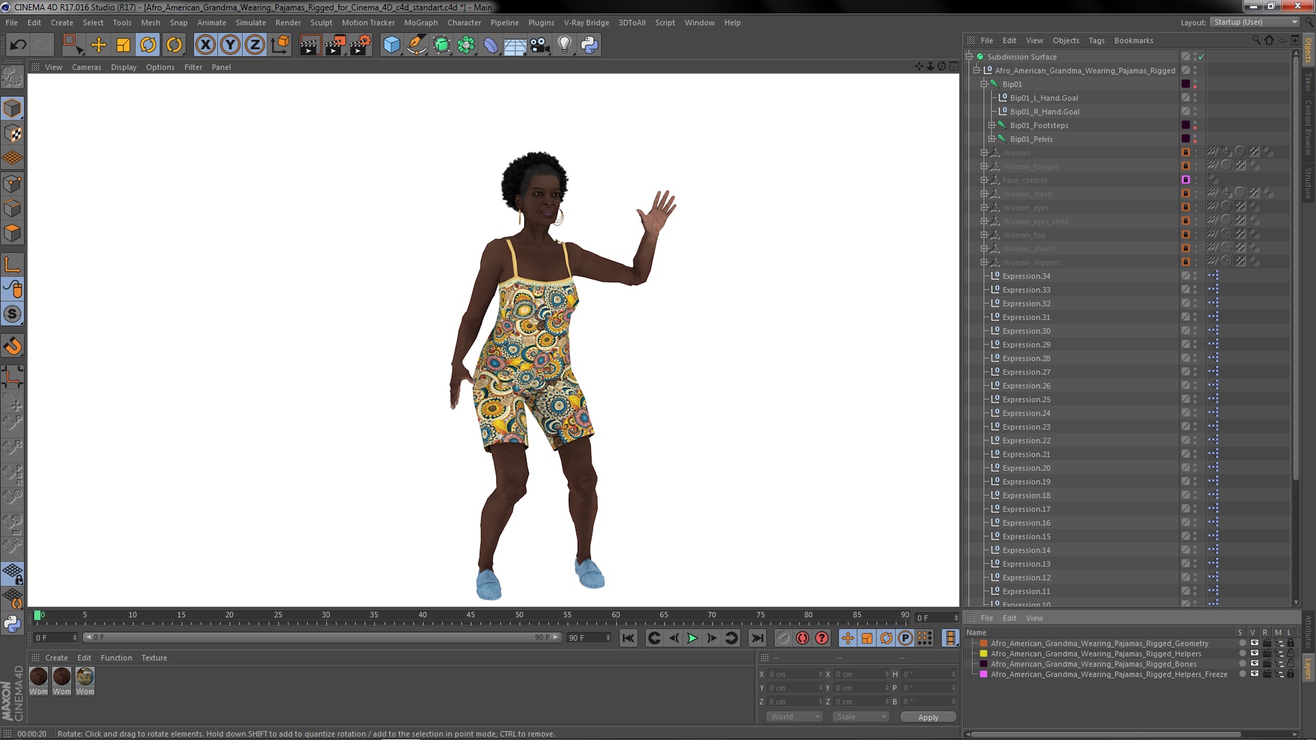 3D Afro American Grandma Wearing Pajamas Rigged for Cinema 4D model