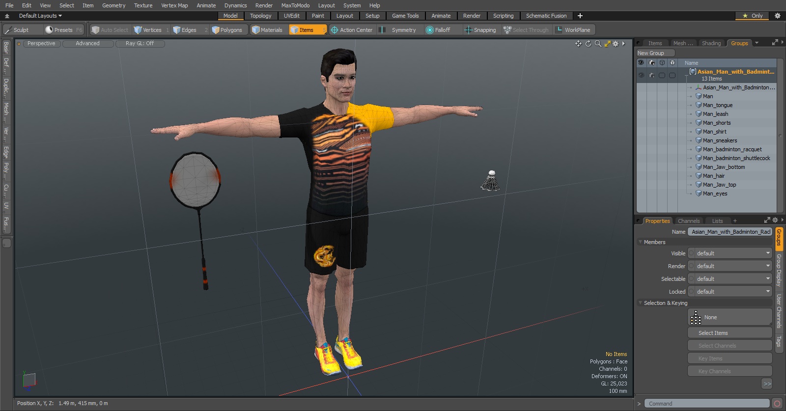 3D Asian Man with Badminton Racket T Pose model