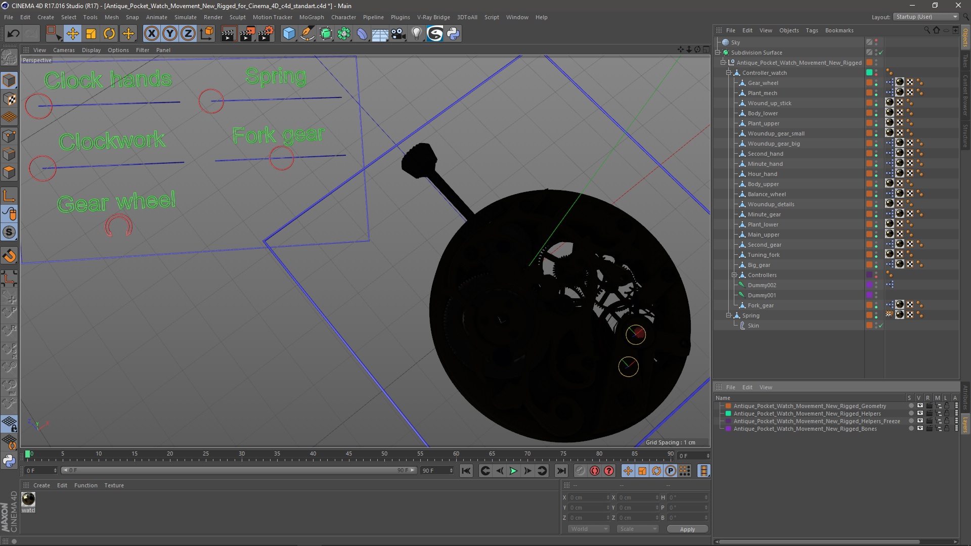 Antique Pocket Watch Movement New Rigged for Cinema 4D 3D model