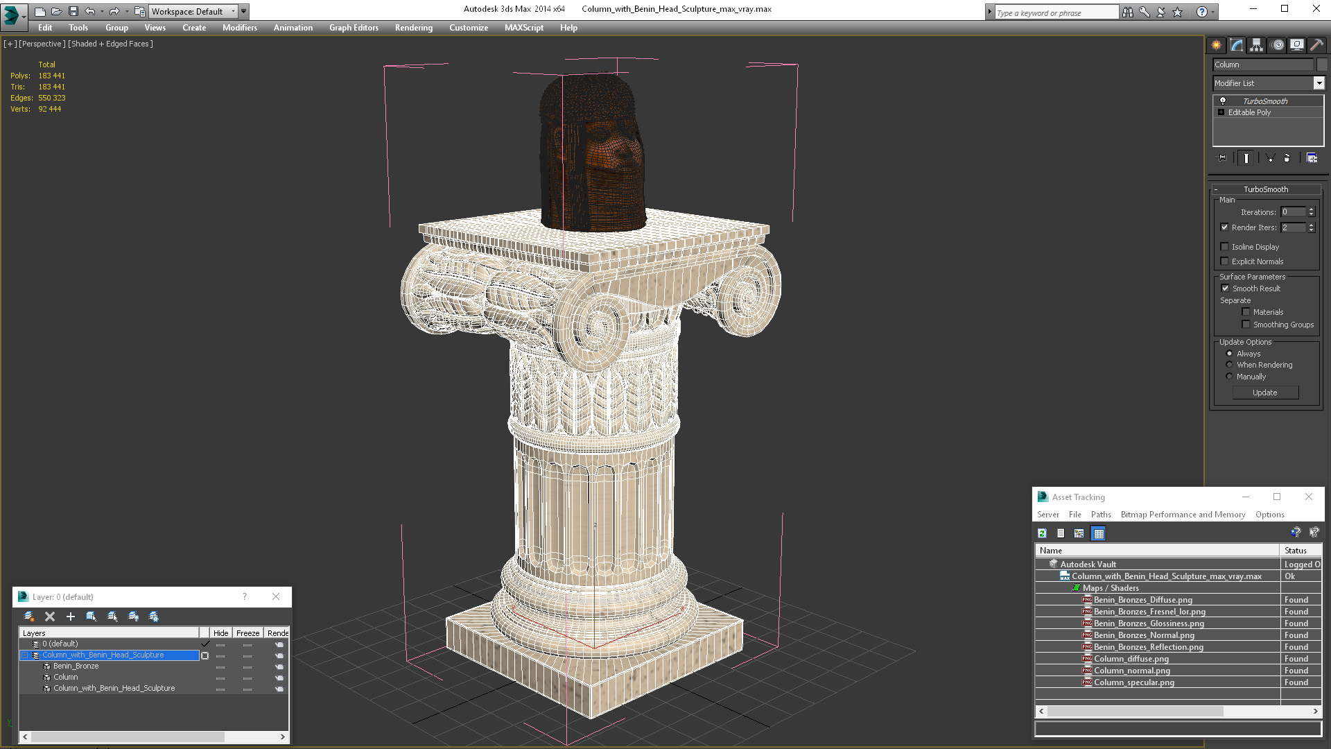 Column with Benin Head Sculpture 3D