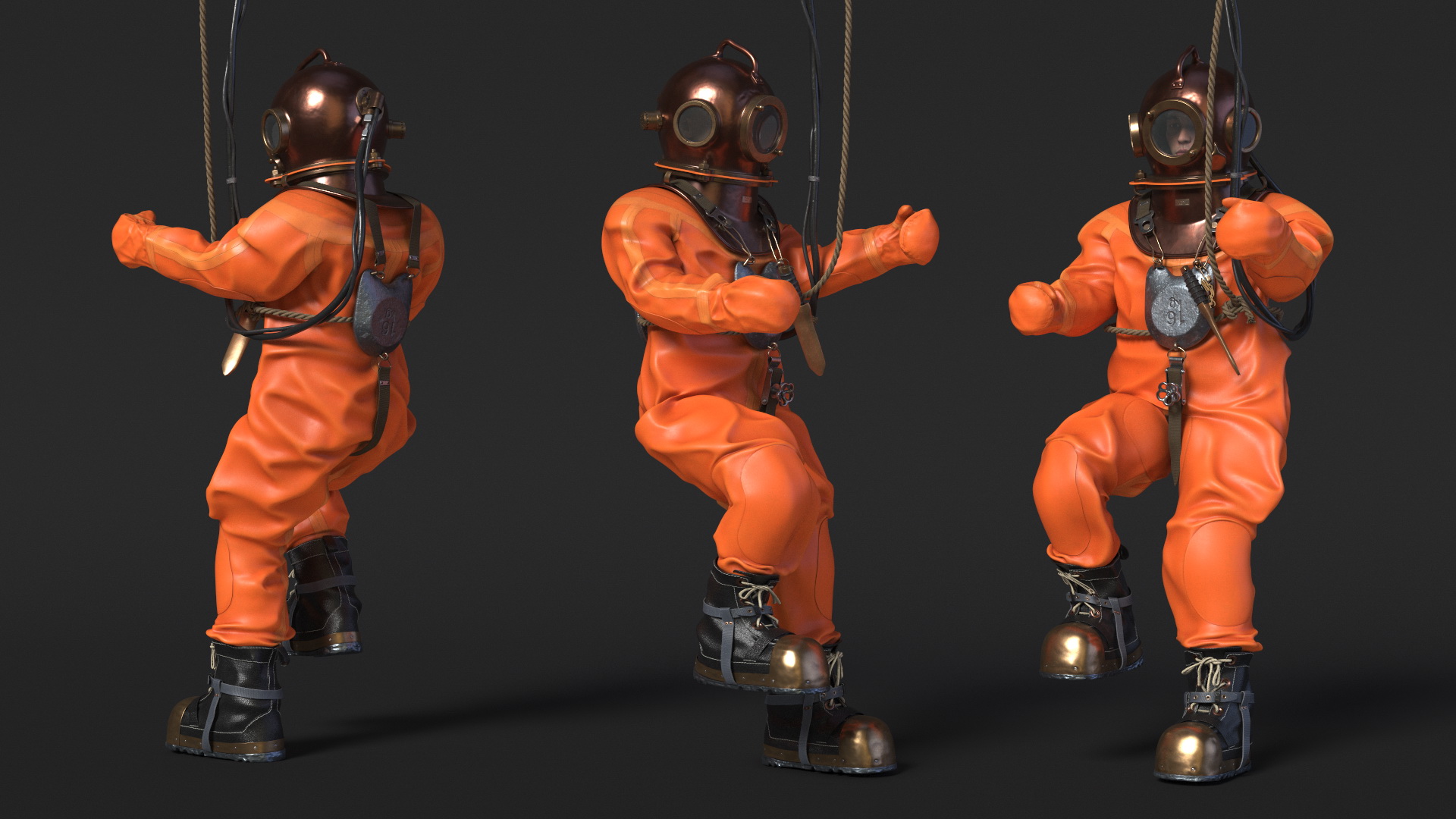 3D Traditional Hard Hat Diving Suit New Diving Pose model