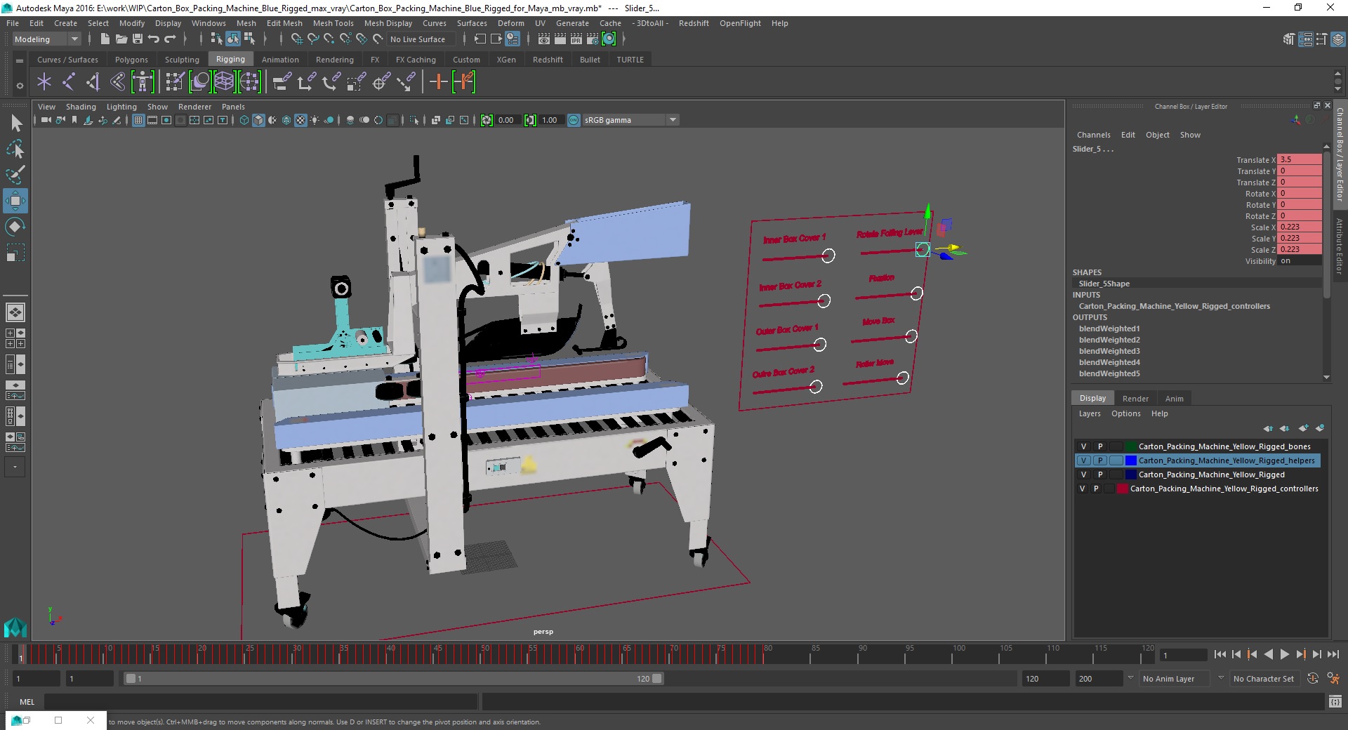 Carton Box Packing Machine Blue Rigged for Maya 3D