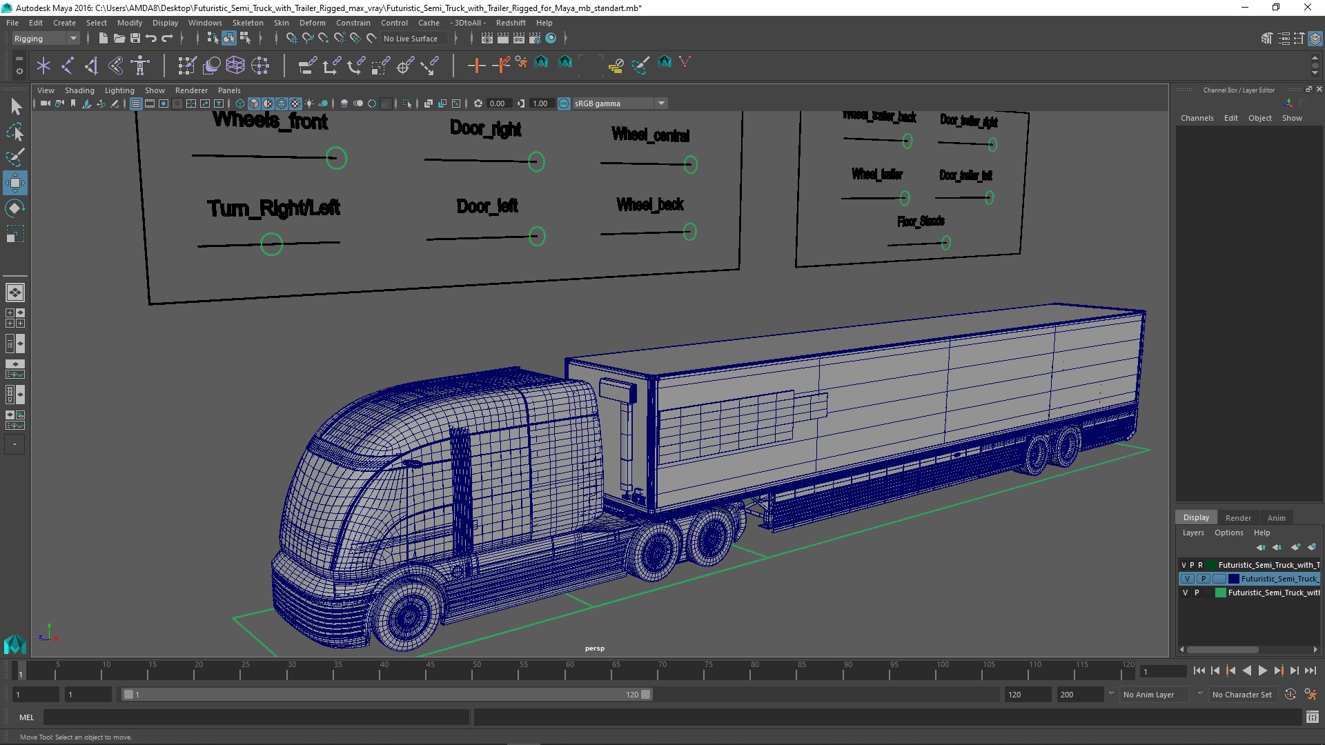 3D model Futuristic Semi Truck with Trailer Rigged for Maya