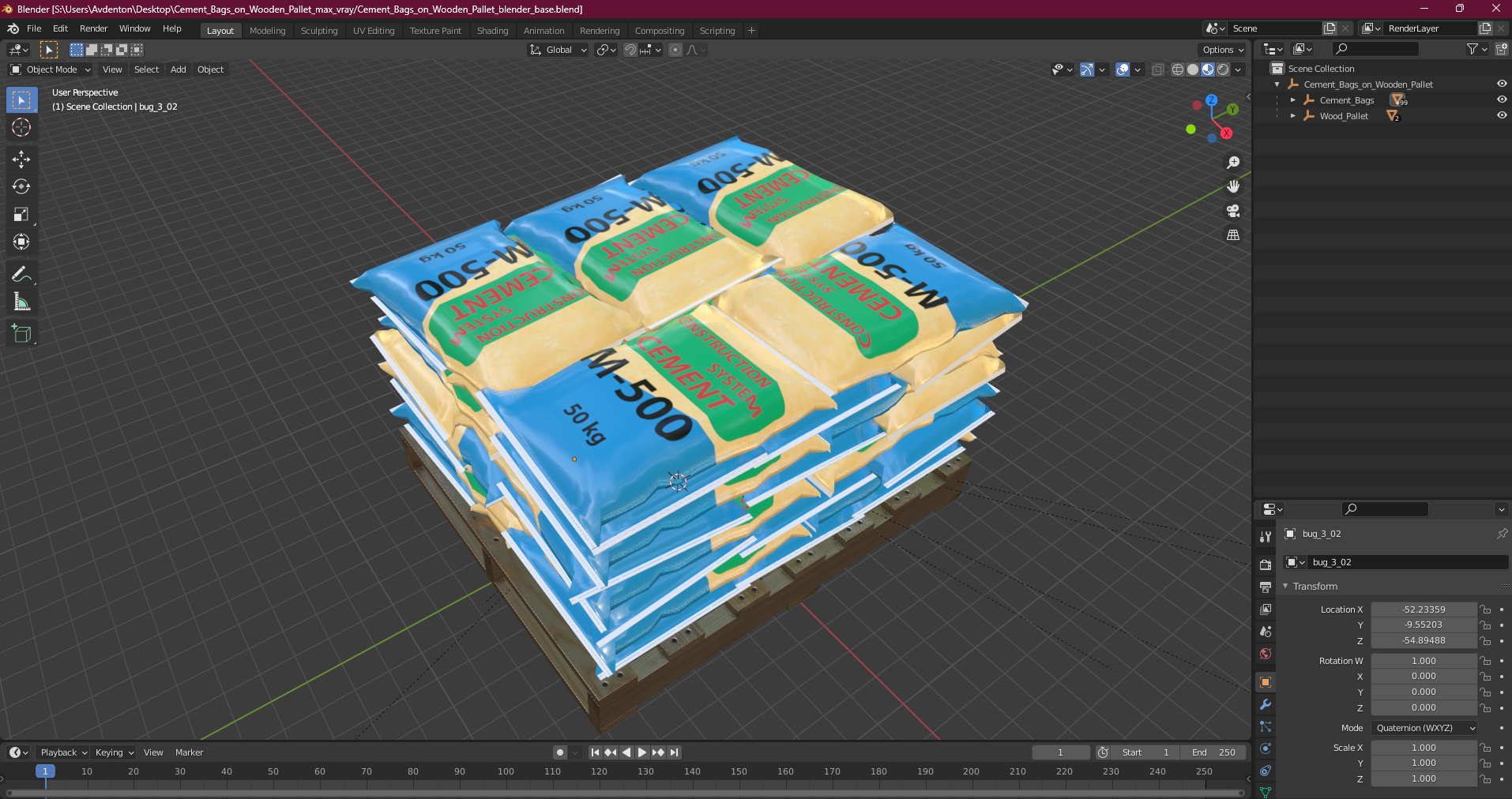 3D Cement Bags on Wooden Pallet model