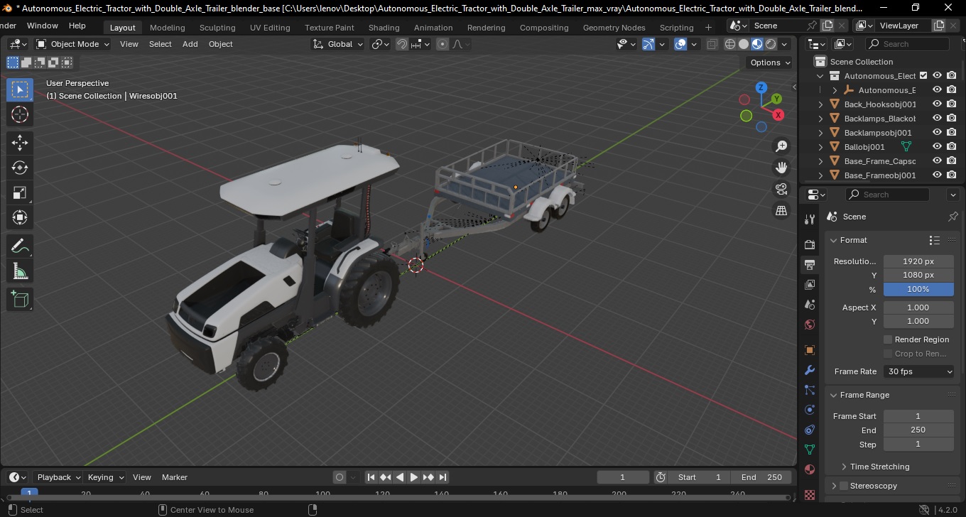 Autonomous Electric Tractor with Double Axle Trailer 3D