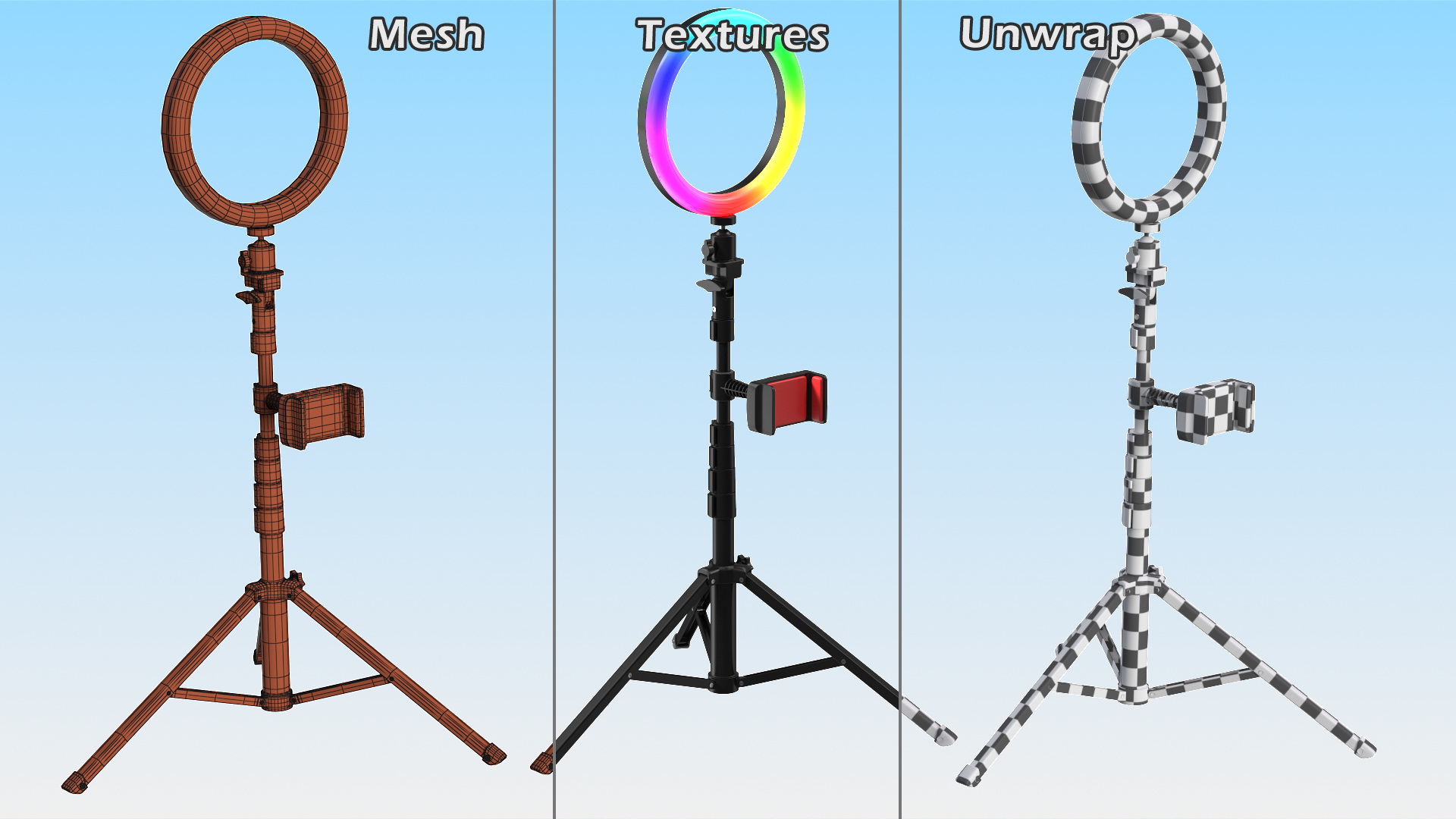 LED Selfie Ring Light with Tripod and Phone Holder RGB 3D model