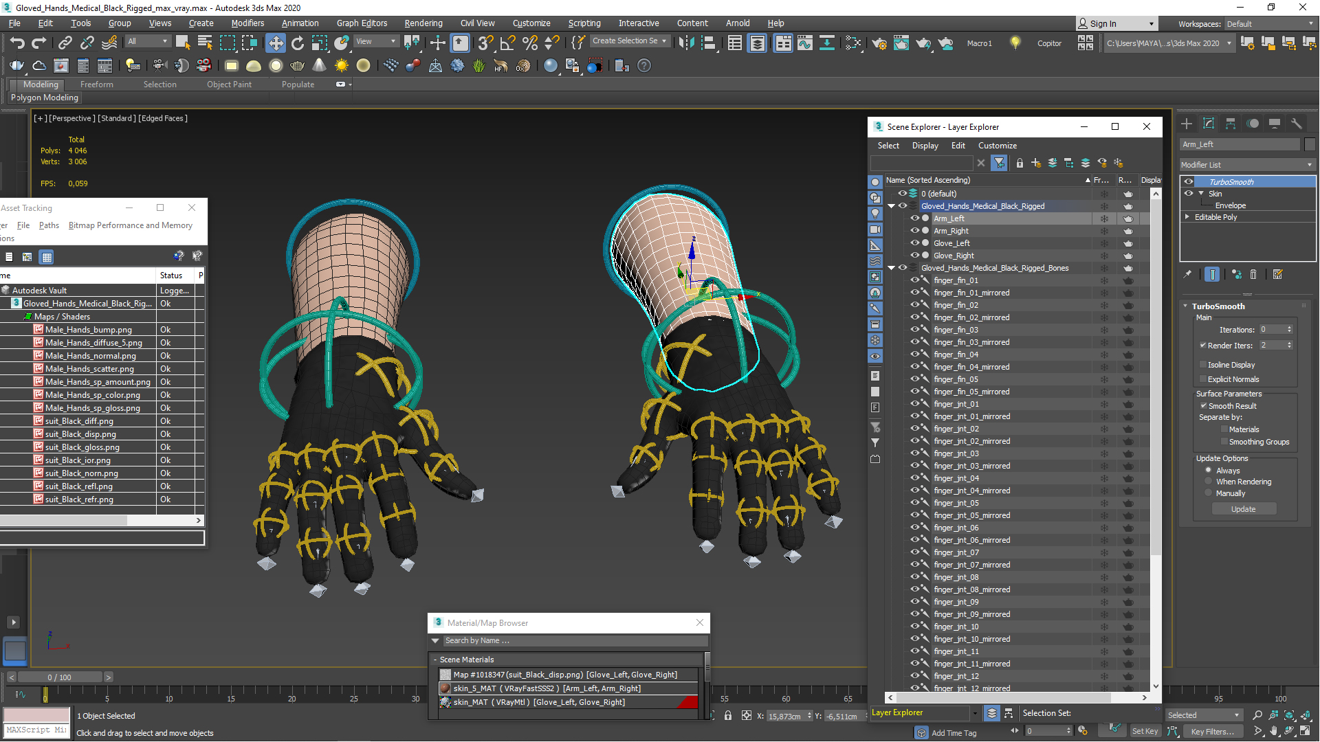 3D Gloved Hands Medical Black Rigged model