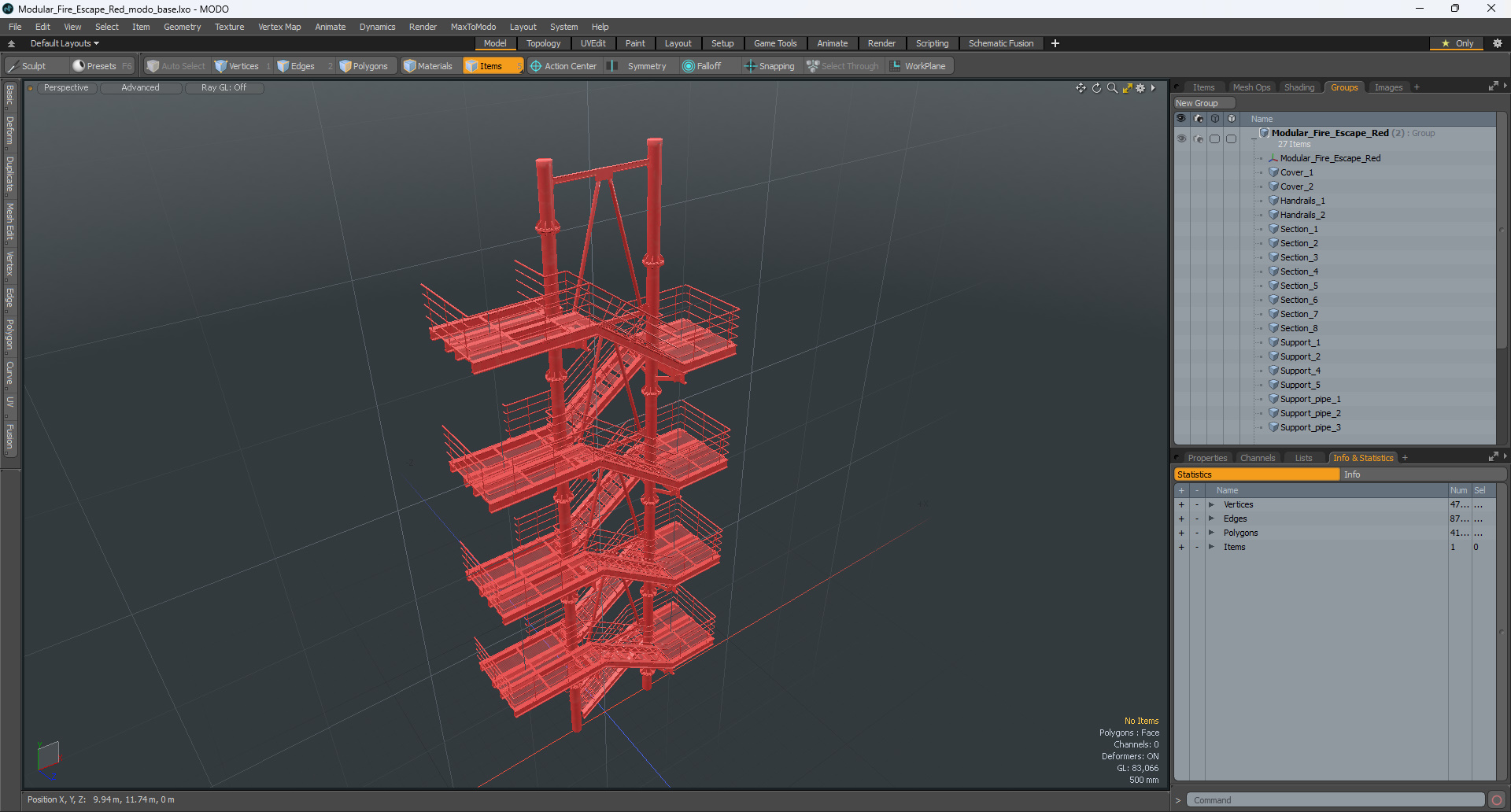 3D Modular Fire Escape Red model