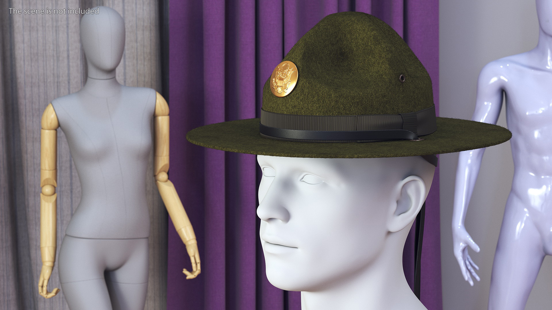 Military Campaign Hat with Cockade Green on Mannequin Fur 3D