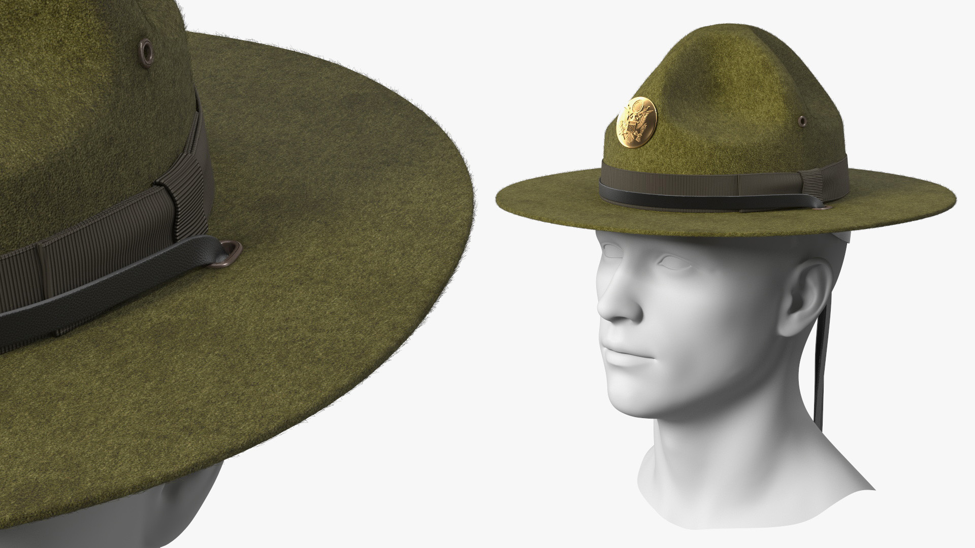 Military Campaign Hat with Cockade Green on Mannequin Fur 3D