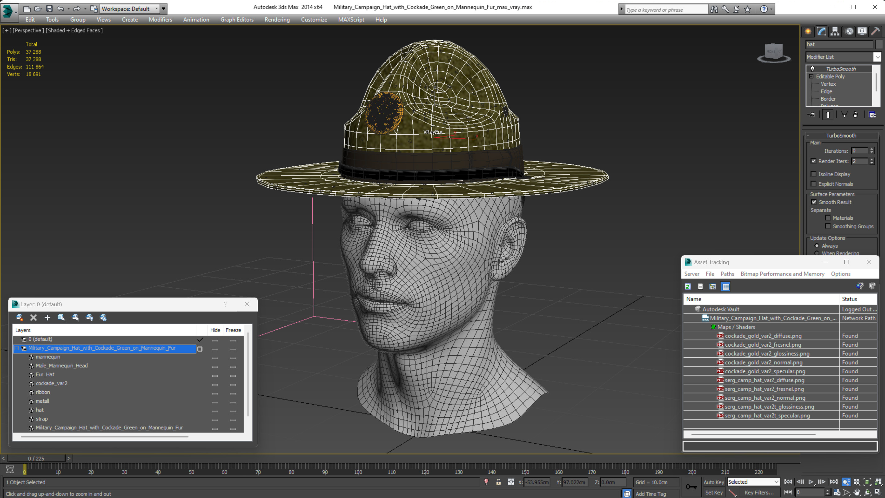 Military Campaign Hat with Cockade Green on Mannequin Fur 3D