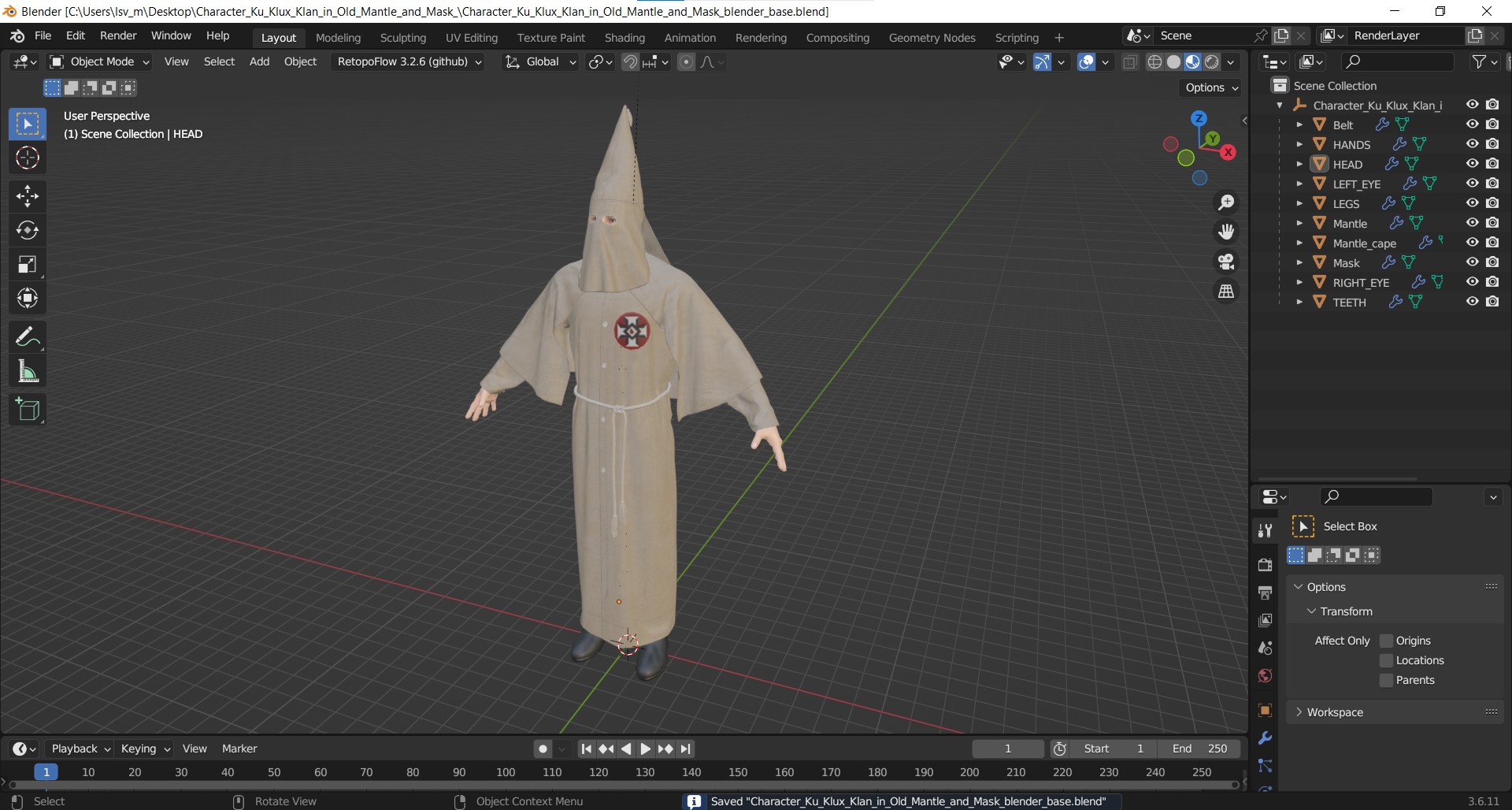 3D model Character Ku Klux Klan in Old Mantle and Mask